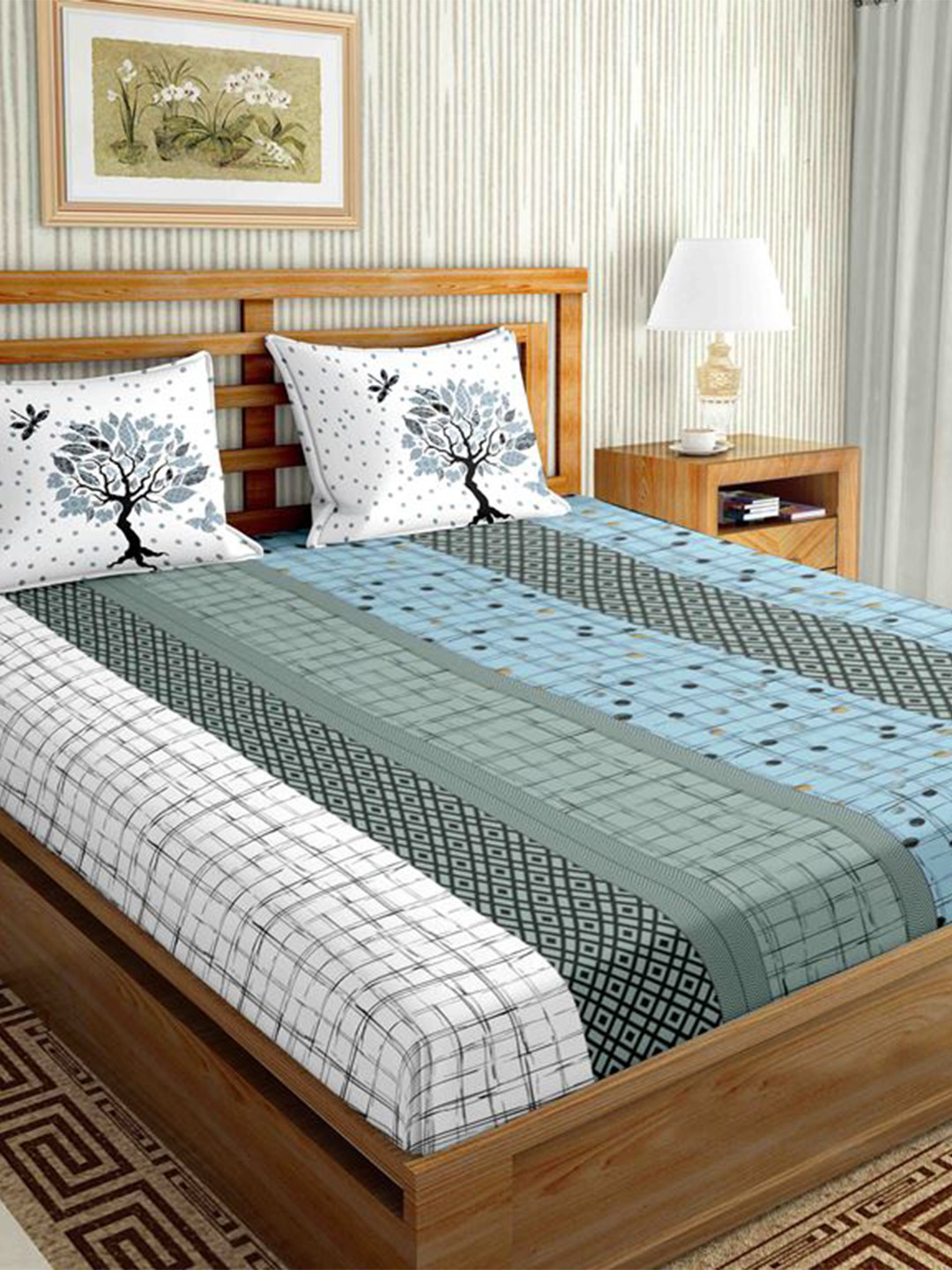 

BELLA CASA Blue & Off White Striped 160 TC King Bedsheet with 2 Pillow Covers