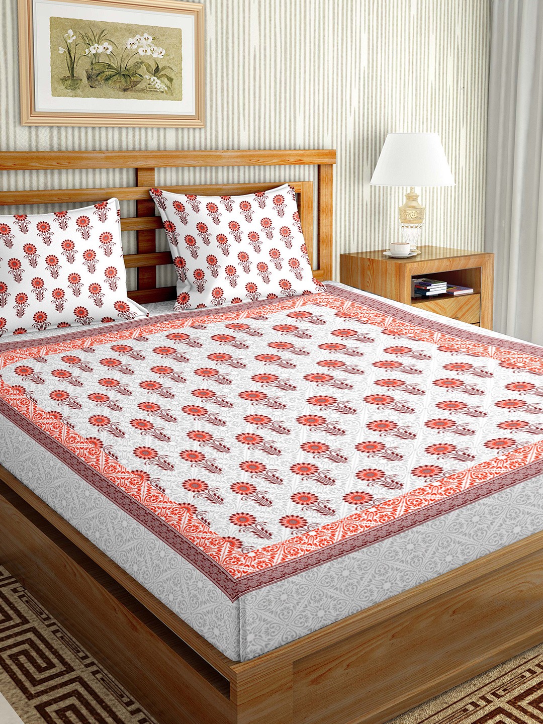 

BELLA CASA White & Red Floral 144 TC King Bedsheet with 2 Pillow Covers