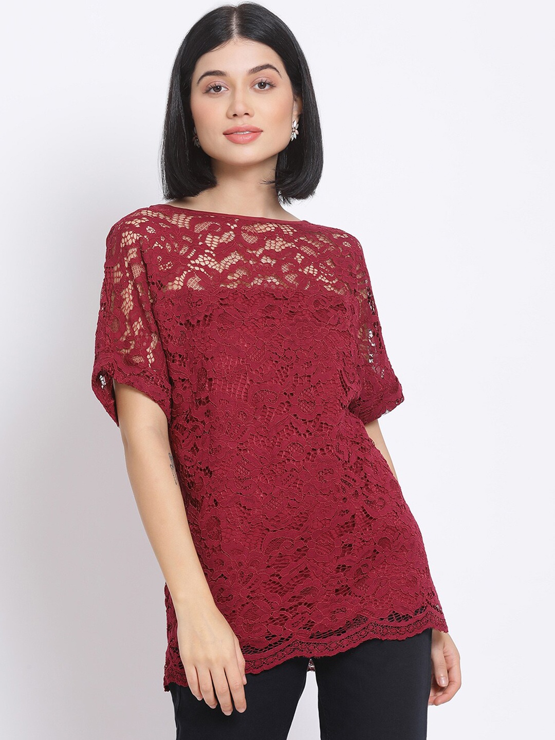 

Oxolloxo Maroon Extended Sleeves Lace Regular Top