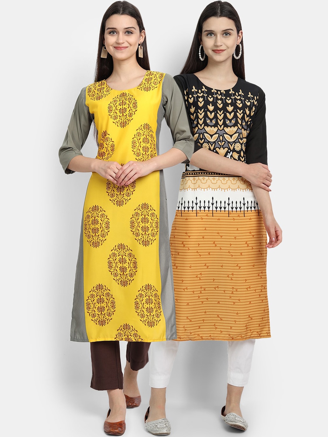 

Ethnic basket Women Pack of 2 Yellow & Black Ethnic Motifs Printed Crepe Kurta