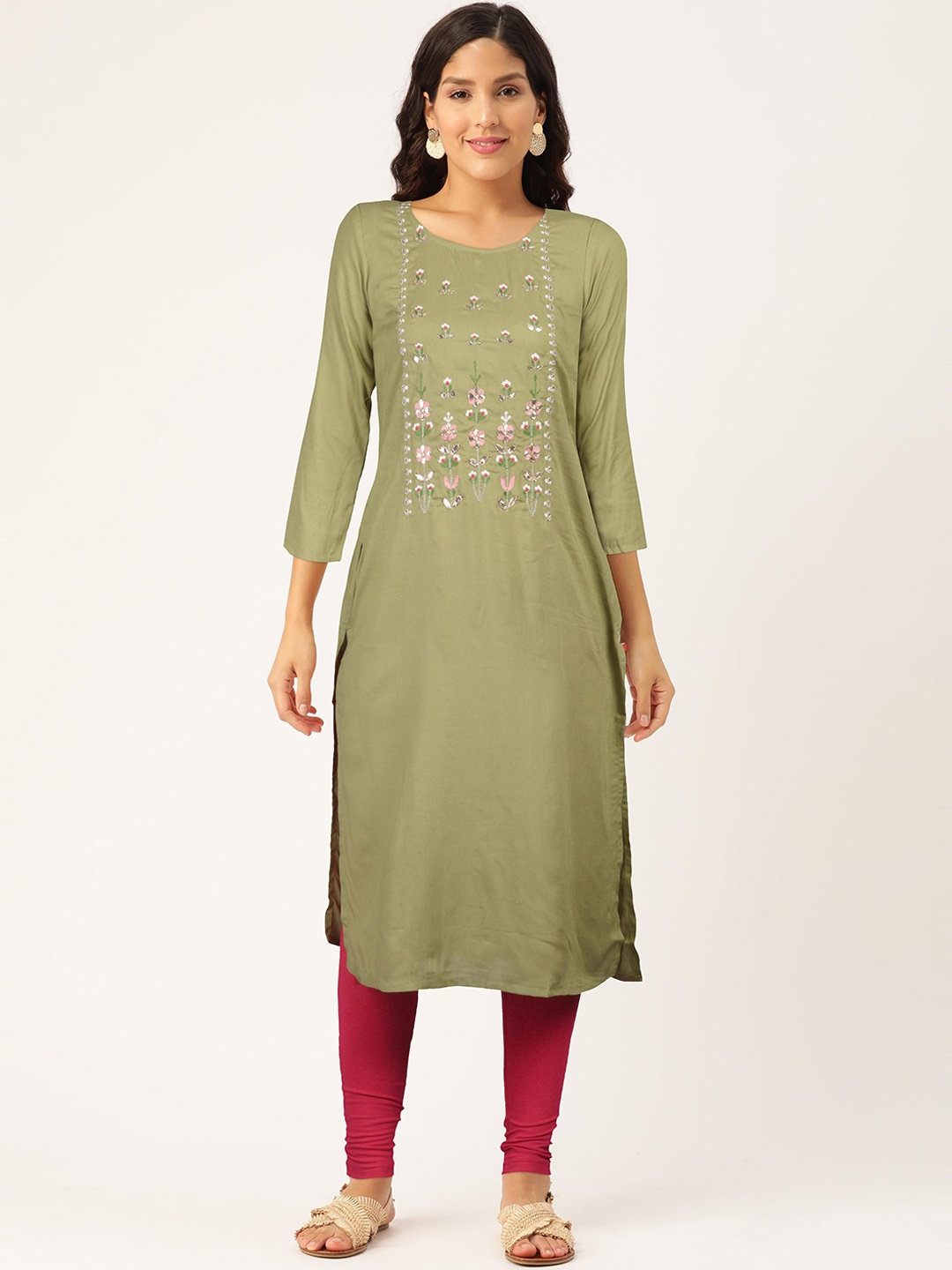 

FLAVIDO Women Olive Yoke Design Yoke Design Thread Work Kurta