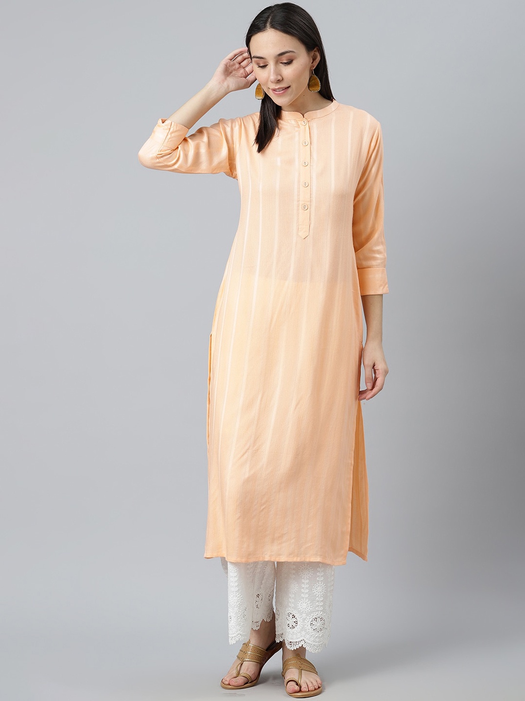 

Libas Women Orange Striped Straight Kurta