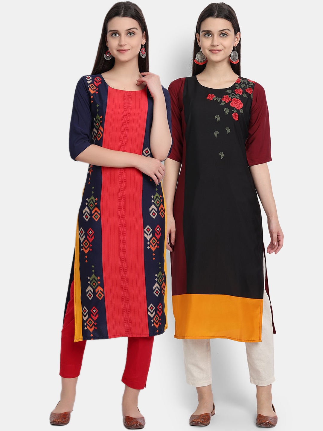 

Ethnic basket Women Pack Of 2 Red & Black Floral Printed Crepe Kurta