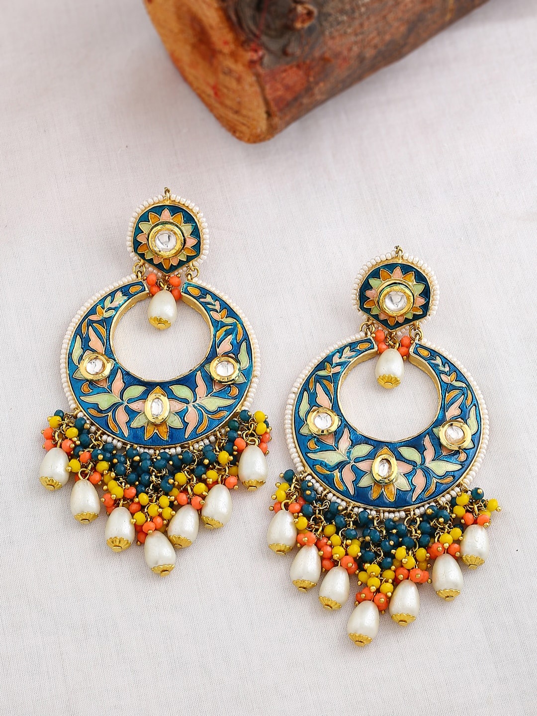 

THE AAB STUDIO Blue Kundan Handcrafted Enamelled Pearl Beaded Chaandbalis