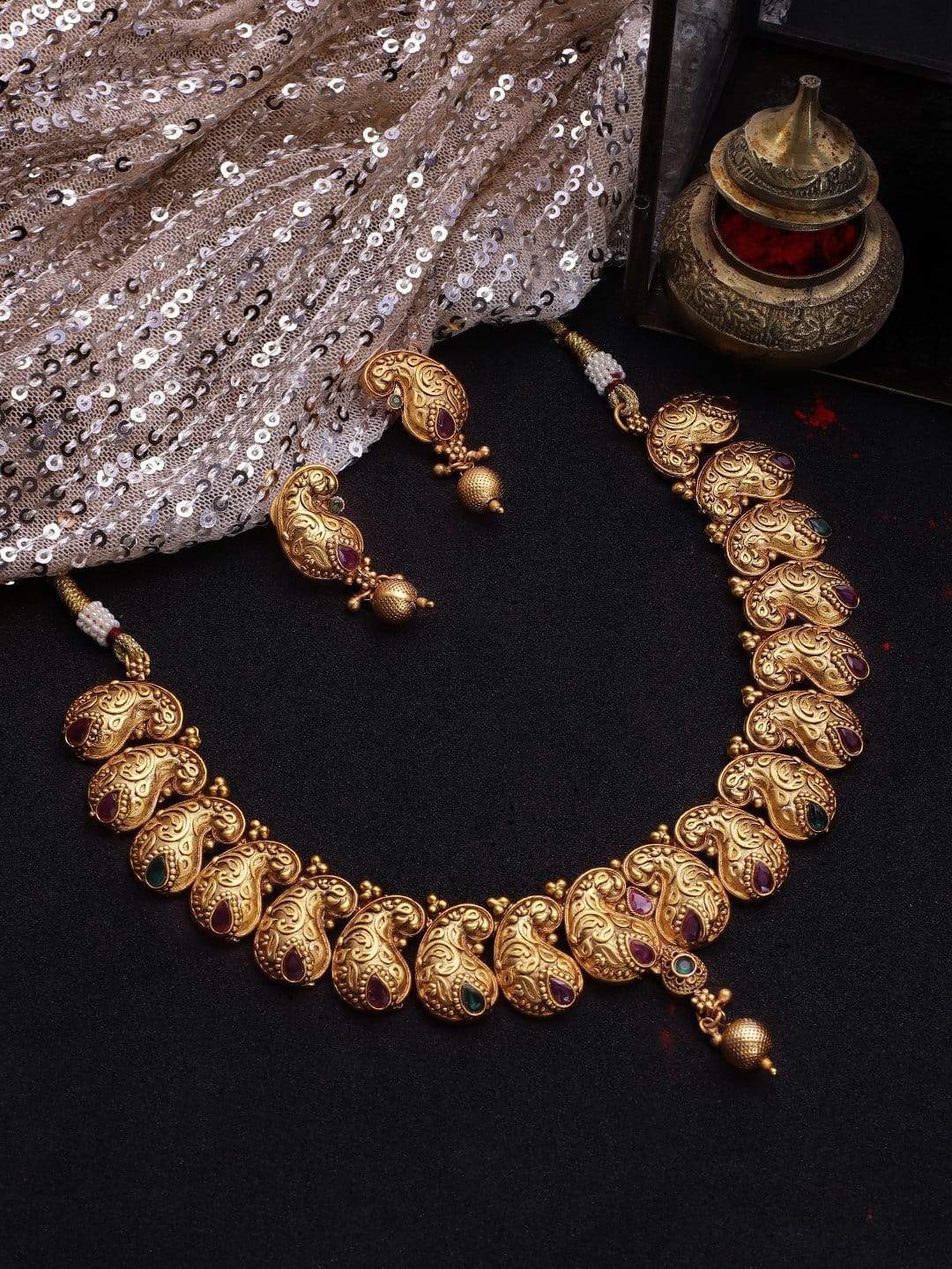 

Rubans 22K Gold-Plated Pink & Green Stone-Studded Paisley Traditional Jewellery Set