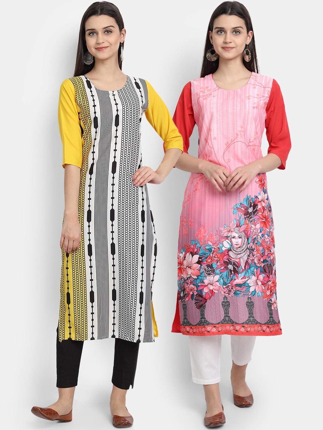 

Ethnic basket Women Pack Of 2 Yellow & Pink Printed Crepe Kurta