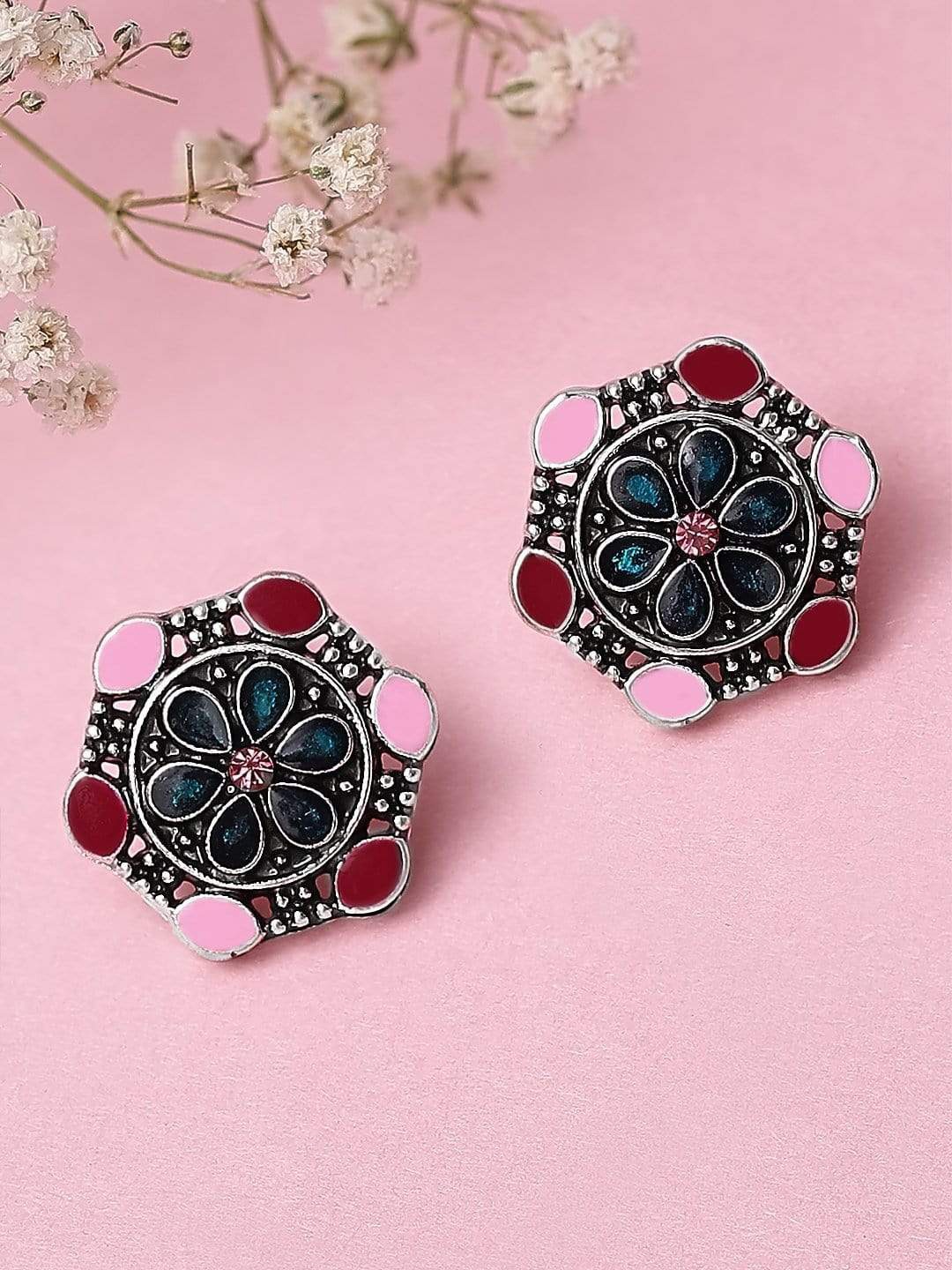 Rubans Silver & Maroon Classic Studs Earrings