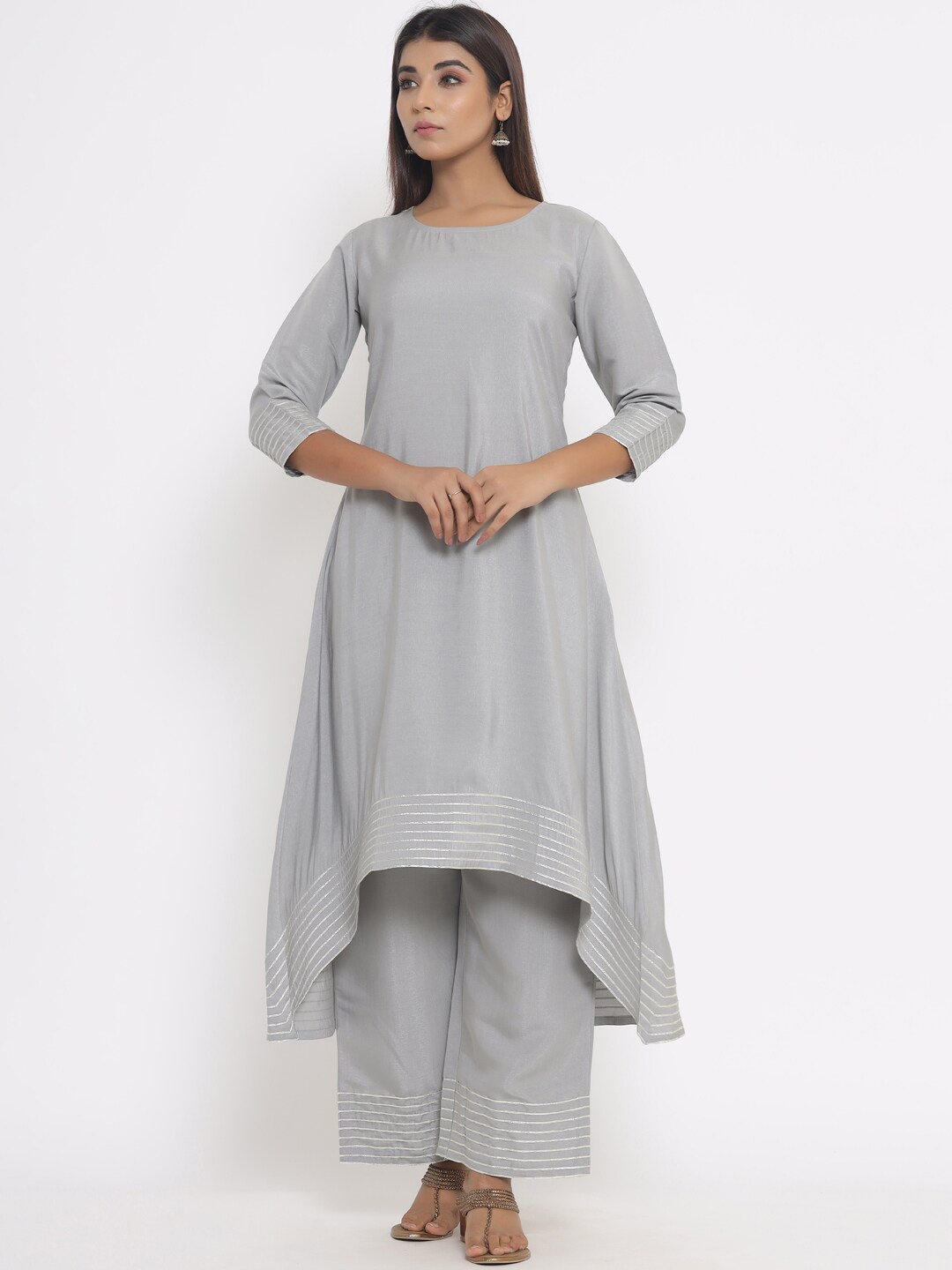 

Silai Bunai Women Grey Kurta with Palazzos & With Dupatta