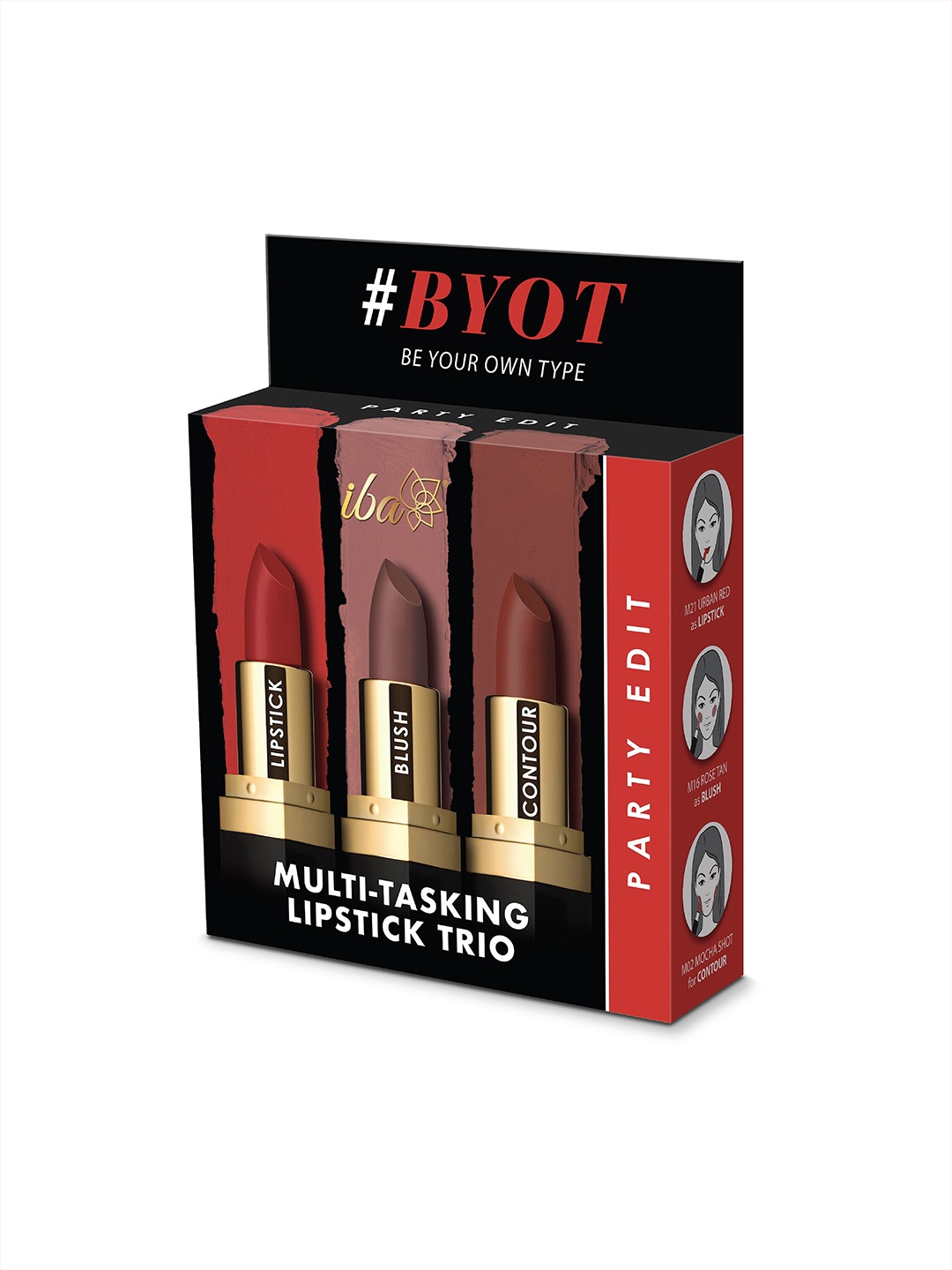 

Iba Multi-Tasking Lipstick Trio Party Edit (Lipstick, Blush, Contour), Red