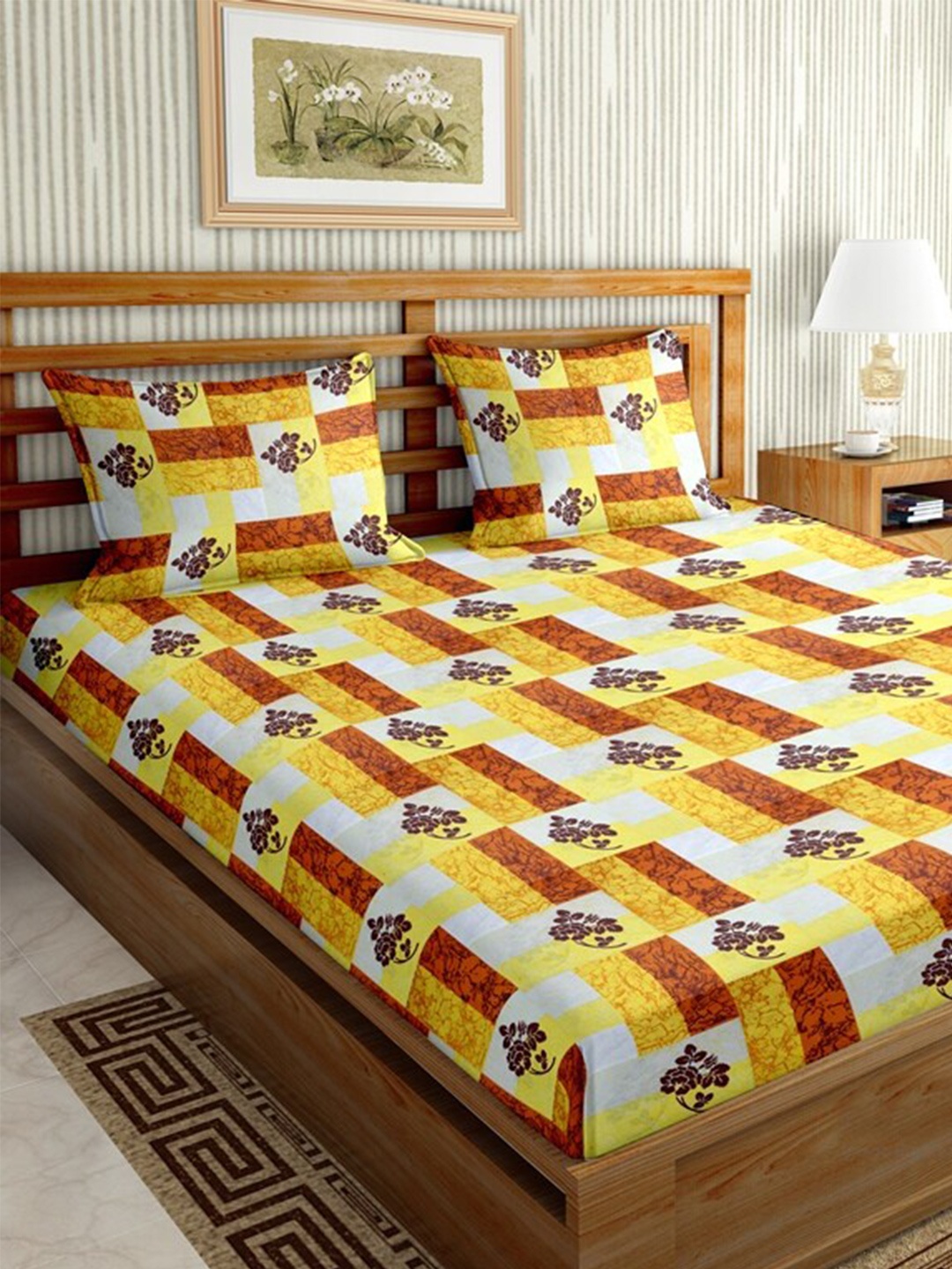 

BELLA CASA Yellow & Brown Ethnic Motifs 144 TC Cotton King Bedsheet with 2 Pillow Covers