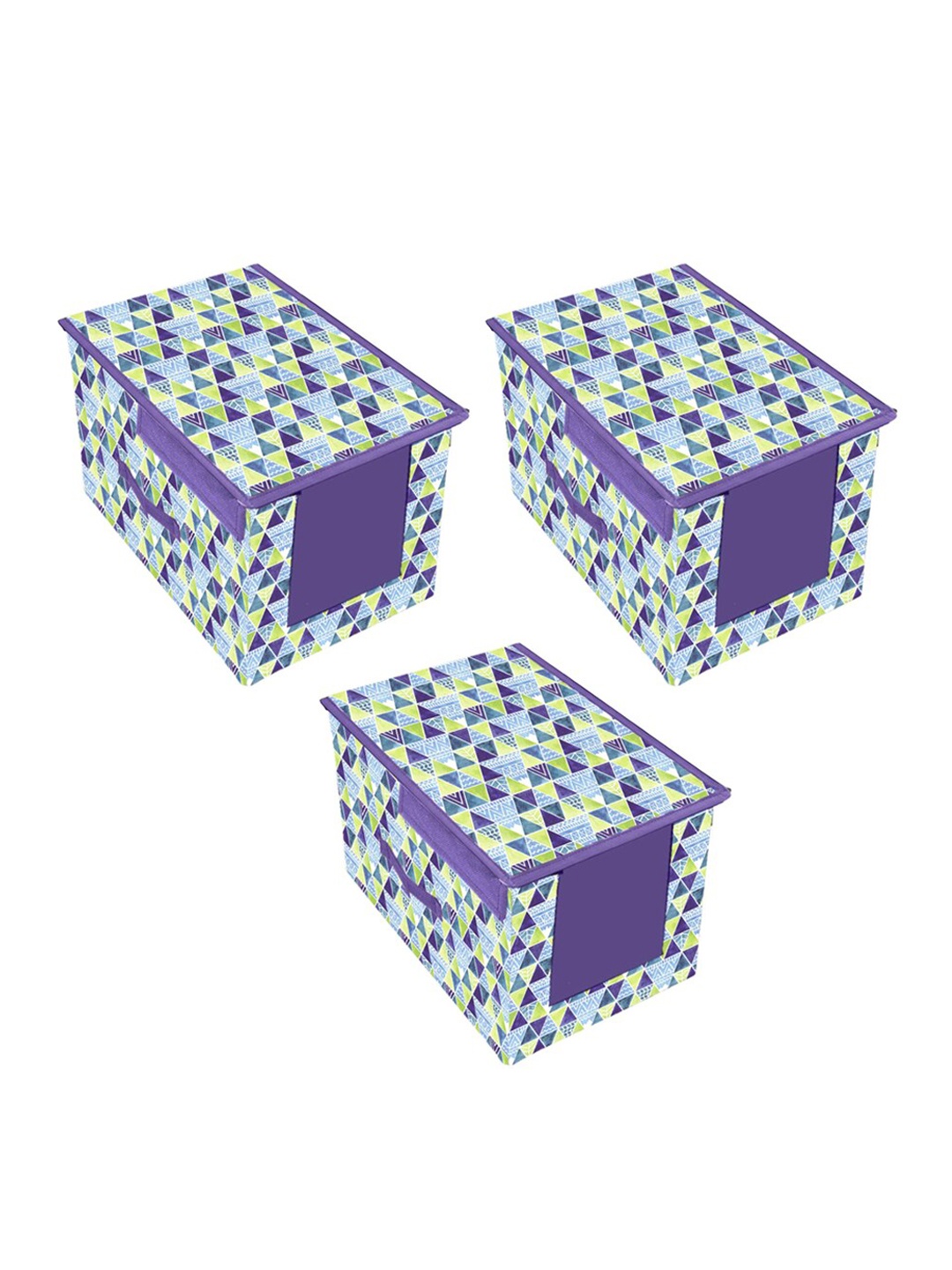 

prettykrafts Set Of 3 Blue & Green Printed Premium Shirt Stacker Closet Organizer with Lid