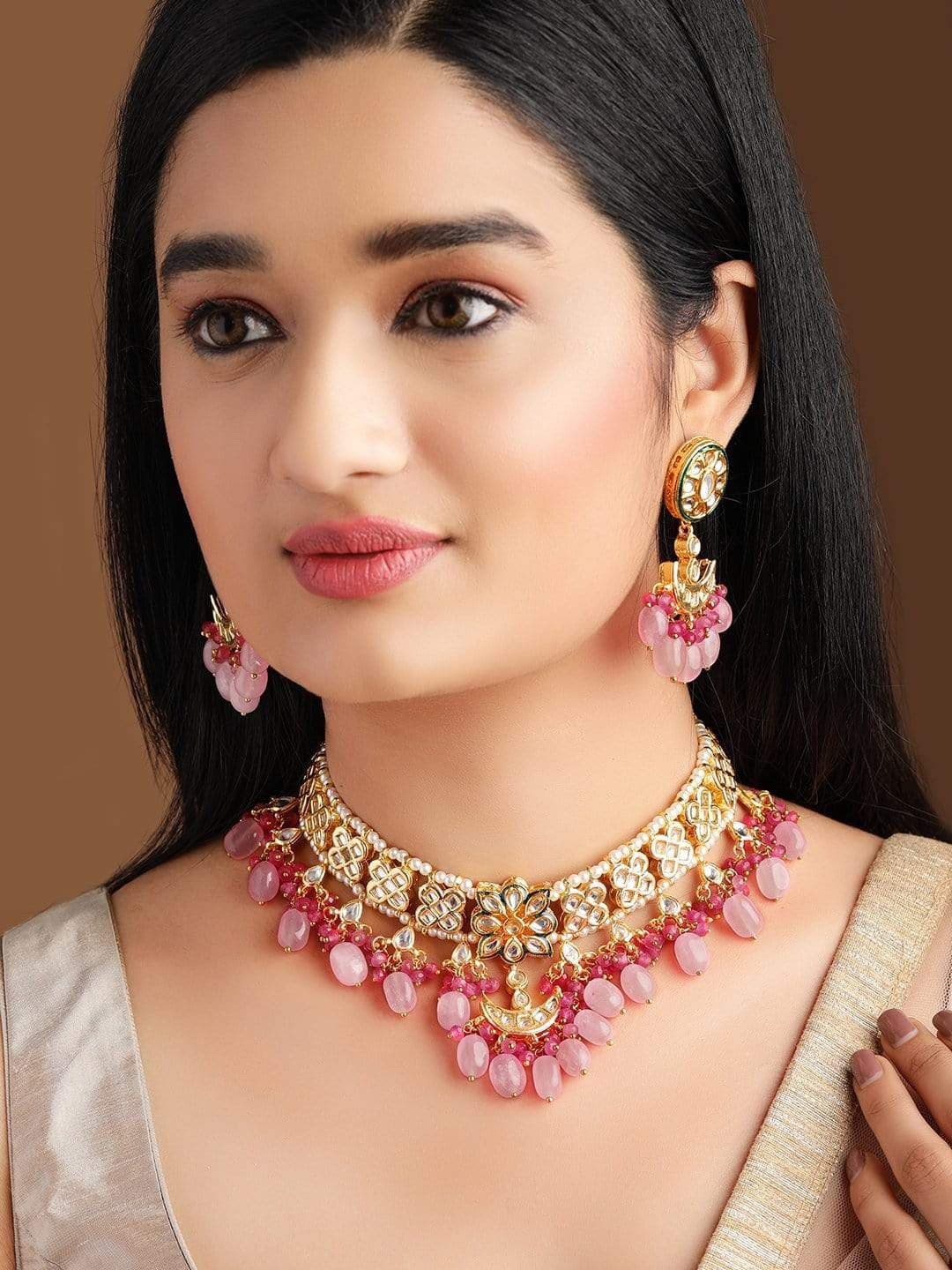 

Rubans Gold Plated White & Pink Kundan Studded & Beaded Handcrafted Jewellery Set