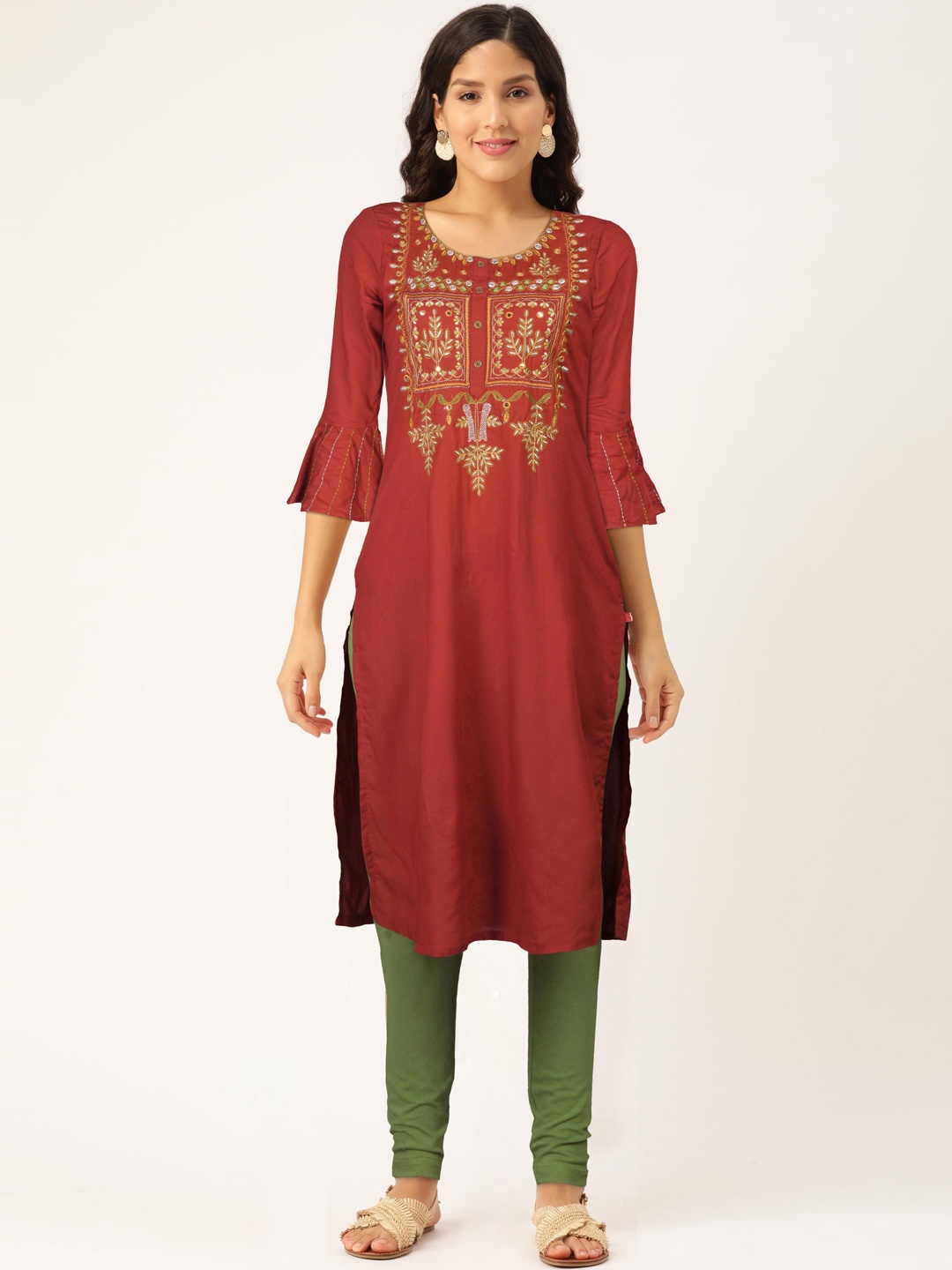 

FLAVIDO Women Red Ethnic Motifs Yoke Design Flared Sleeves Kurta