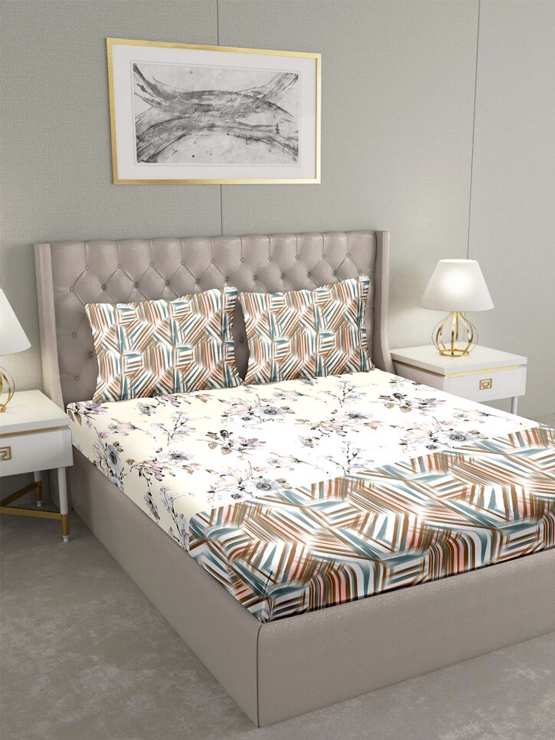 

BELLA CASA Peach & White Geometric 180 TC King Bedsheet with 2 Pillow Covers