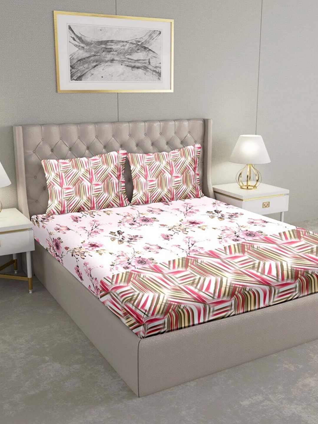 

BELLA CASA White & Pink Floral 180 TC Cotton King Bedsheet with 2 Pillow Covers