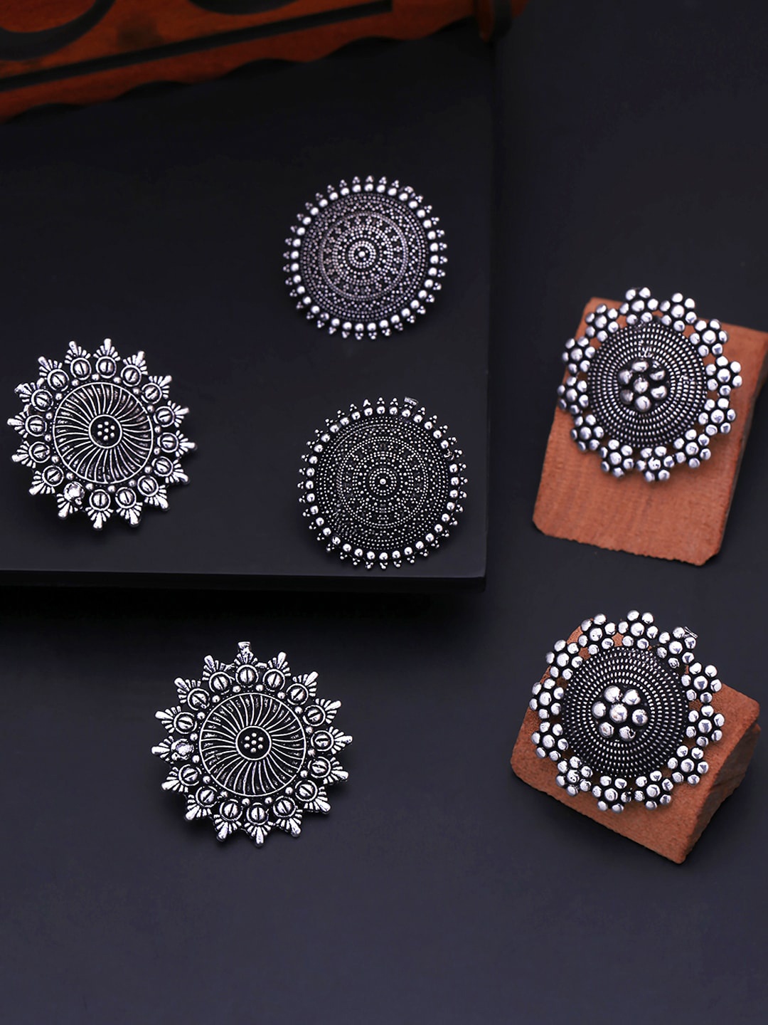 

Yellow Chimes Set of 3 Silver-Toned Oxidized Contemporary Studs Earrings