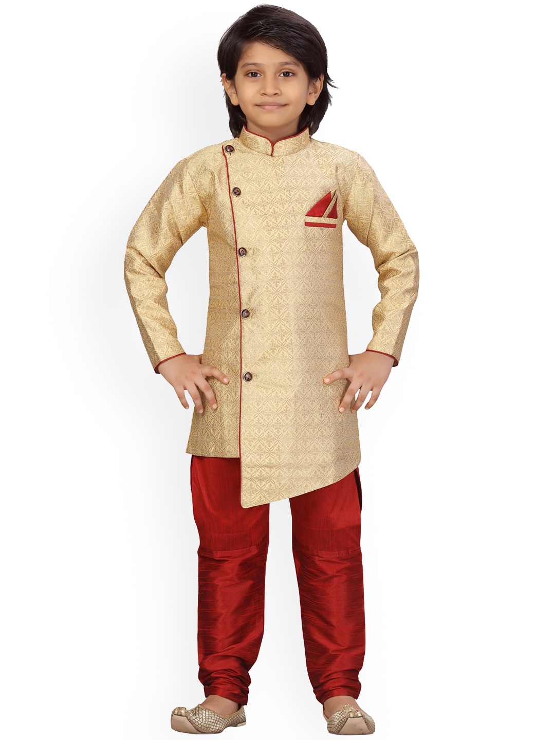 

LITTLE MAFIA BY Aarika Boys Beige Embroidered Pure Silk Kurti with Pyjamas