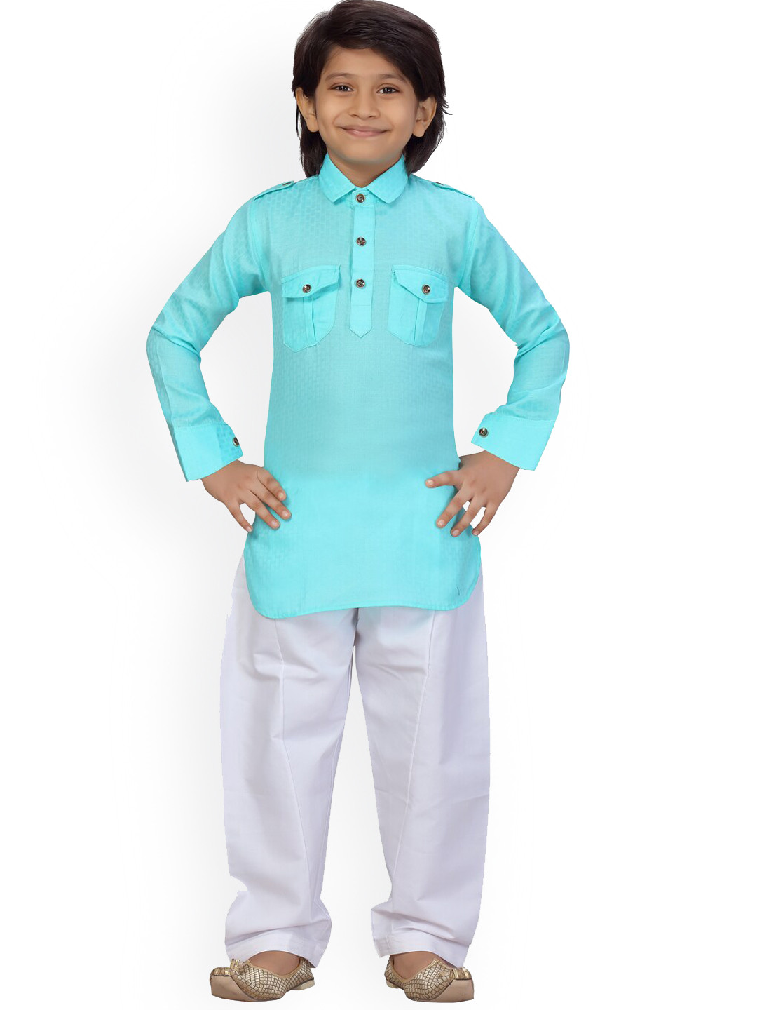 

LITTLE MAFIA BY Aarika Boys Turquoise Blue & White Pure Cotton Kurta with Pyjamas