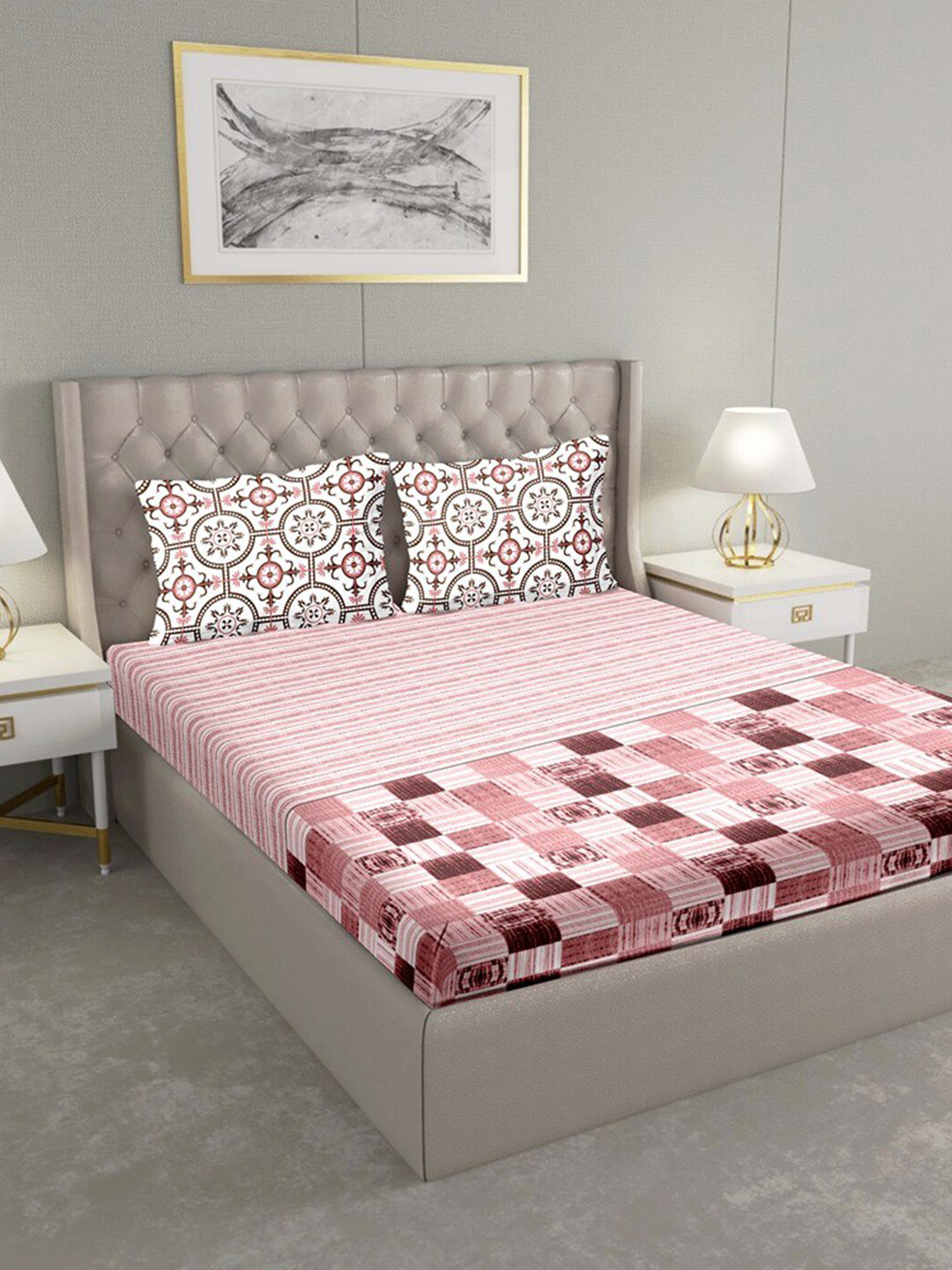 

BELLA CASA Pink & Maroon Geometric 180 TC King Bedsheet with 2 Pillow Covers