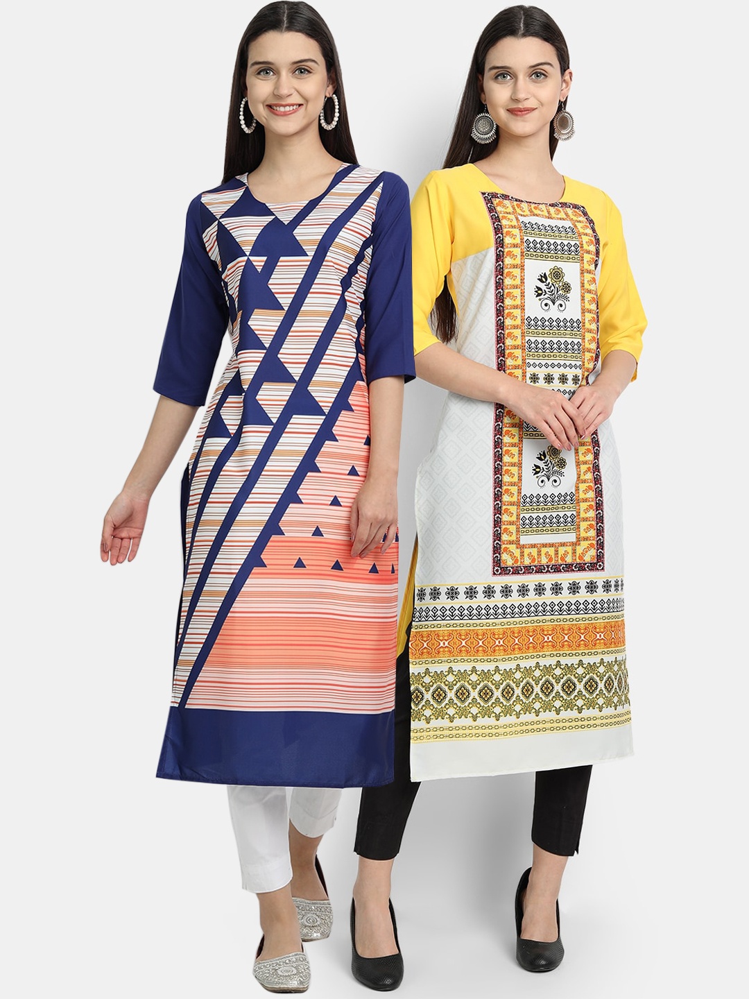 

Ethnic basket Women Multi Color Geometric Straight Crepe Kurta - Pack of 2