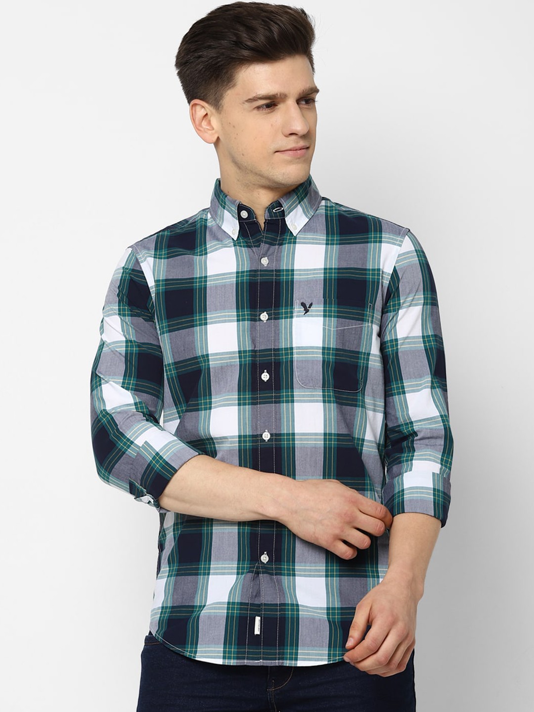 

AMERICAN EAGLE OUTFITTERS Men White & Green Checked Cotton Casual Shirt