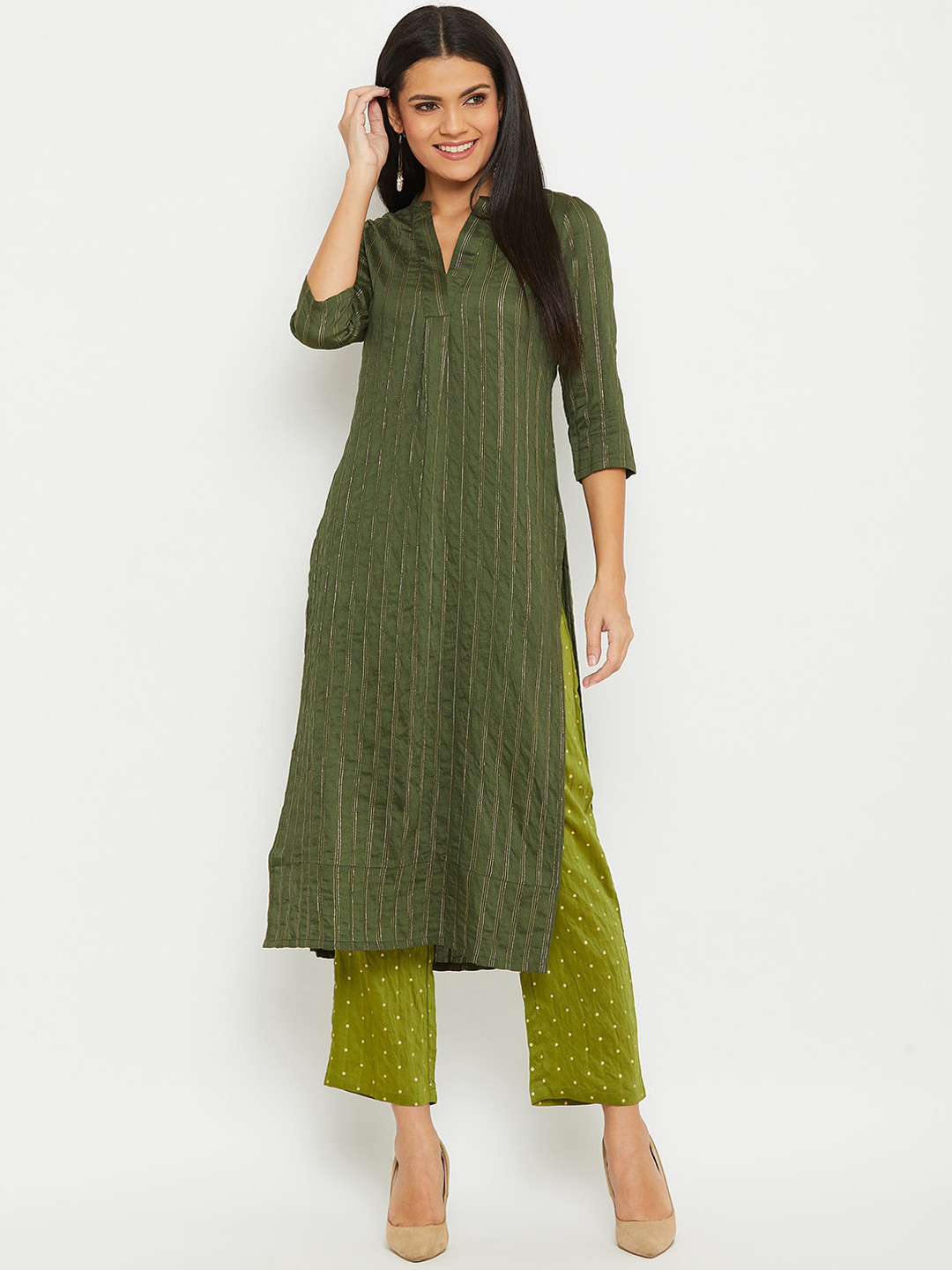 

PANIT Women Green Striped Kurta with Trousers