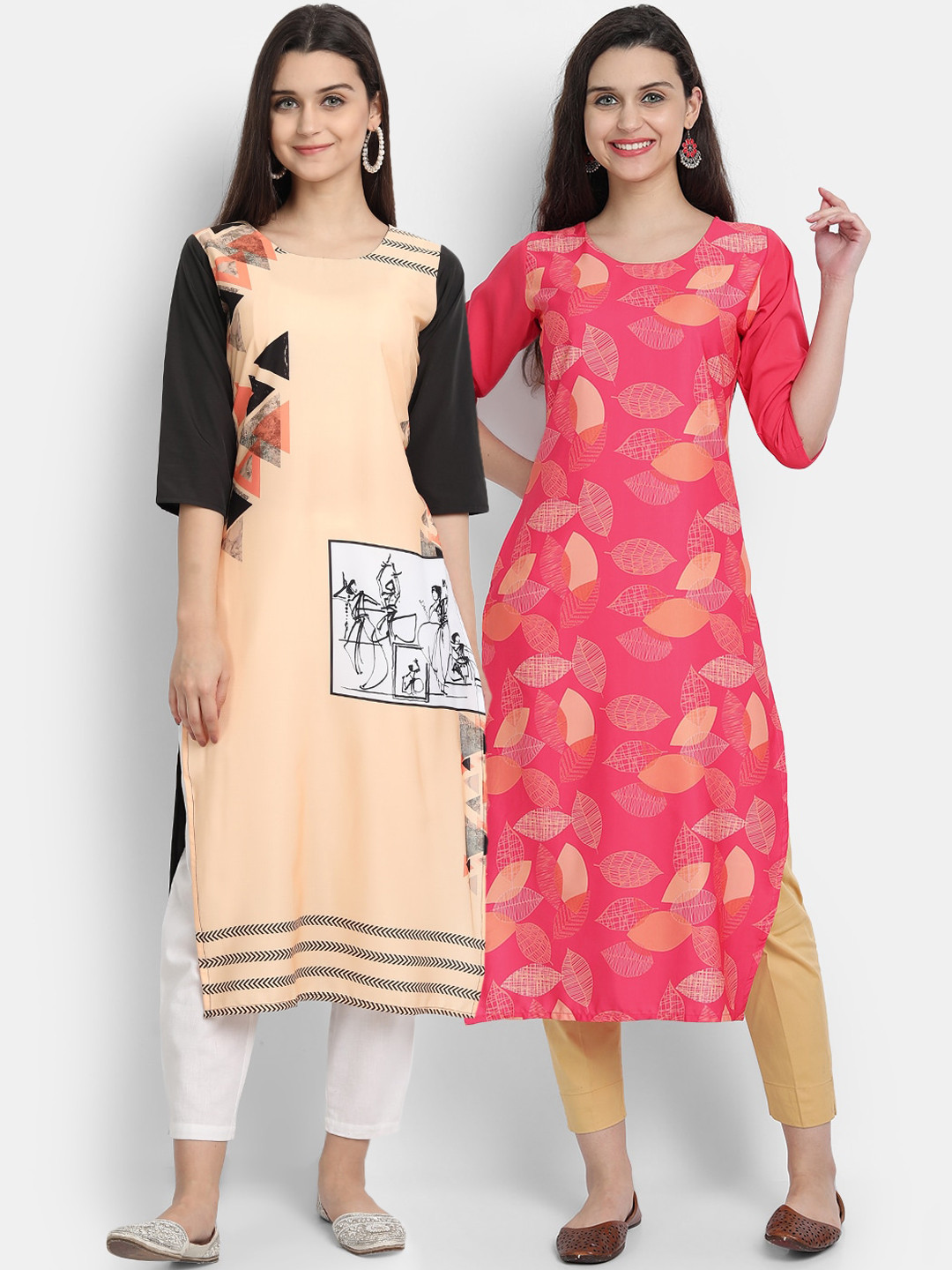 

Ethnic Basket Women Crepe Multi Color Floral & Geometric Digital Print Kurta Set Of 2