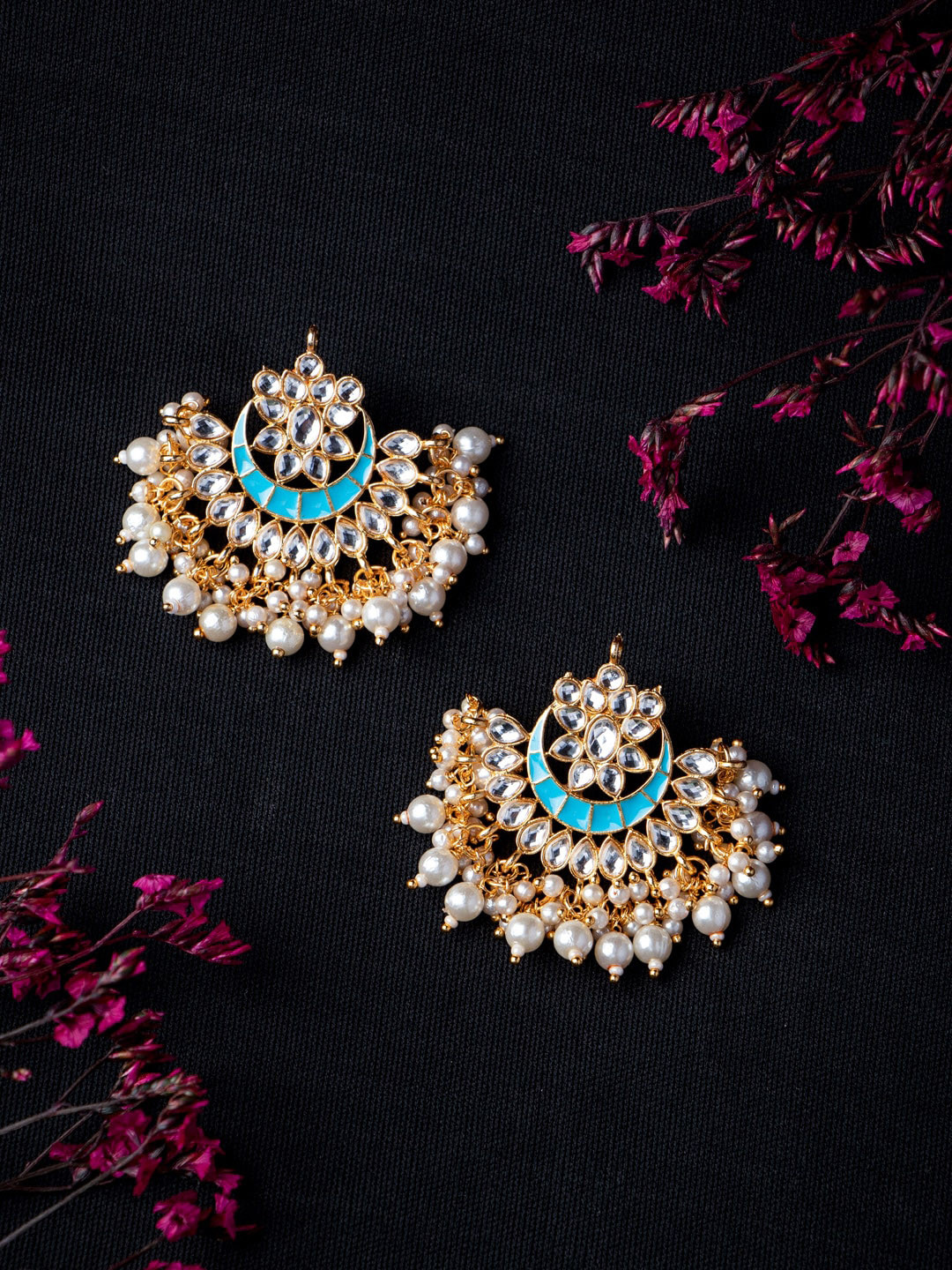 

MORKANTH JEWELLERY Gold Toned & Blue Enamel & Pearl Handcrafted Chandbalis Earrings