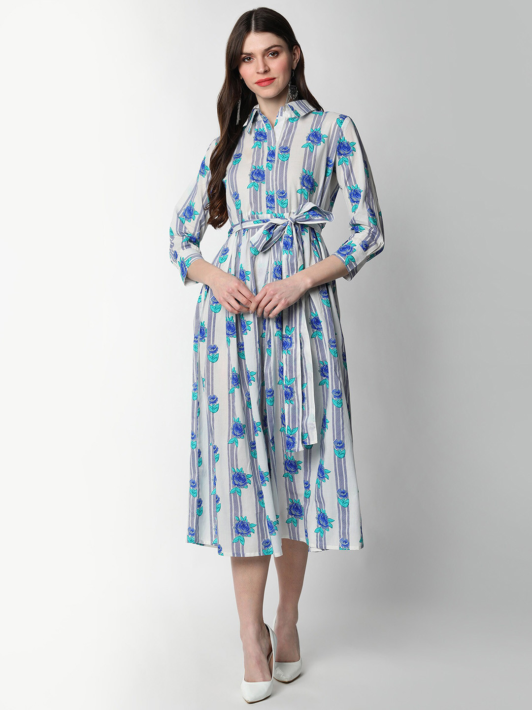 

mokshi Off White & Blue Floral Shirt Midi Dress