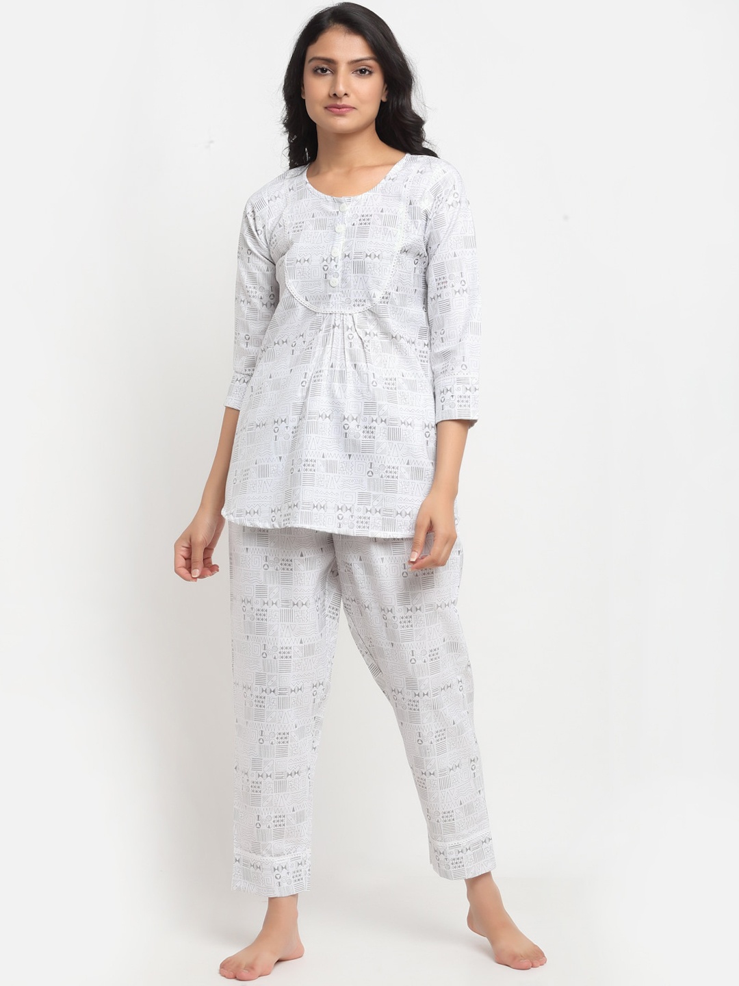 Aujjessa Women White & Grey Printed Night Suit
