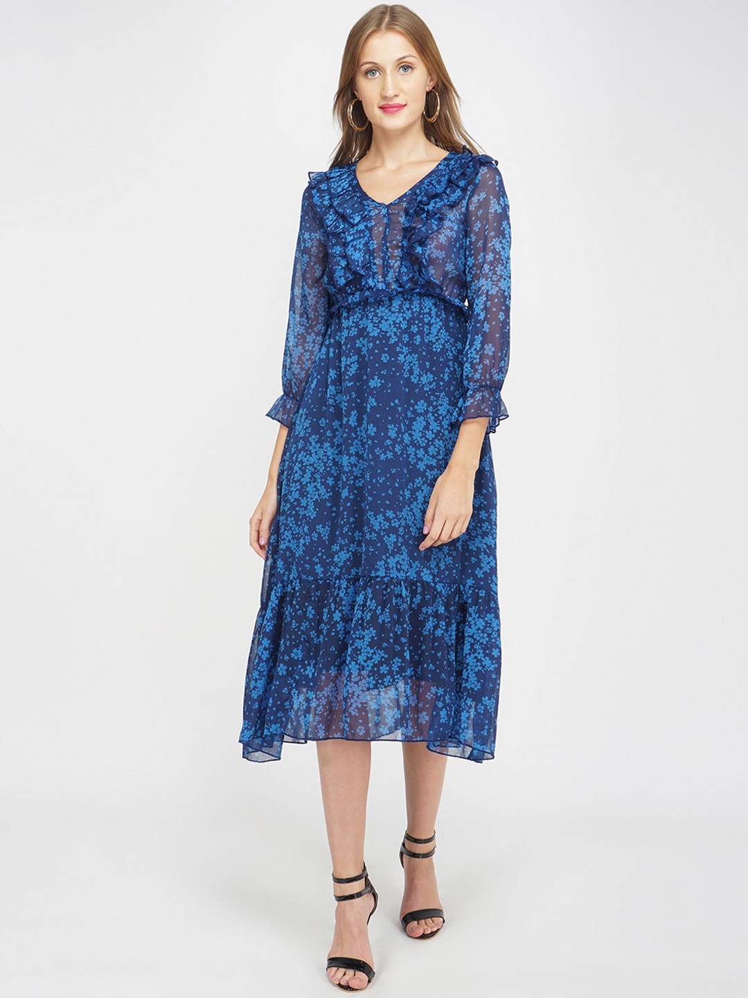 

Oxolloxo Blue Floral Printed Midi Fit & Flare Dress