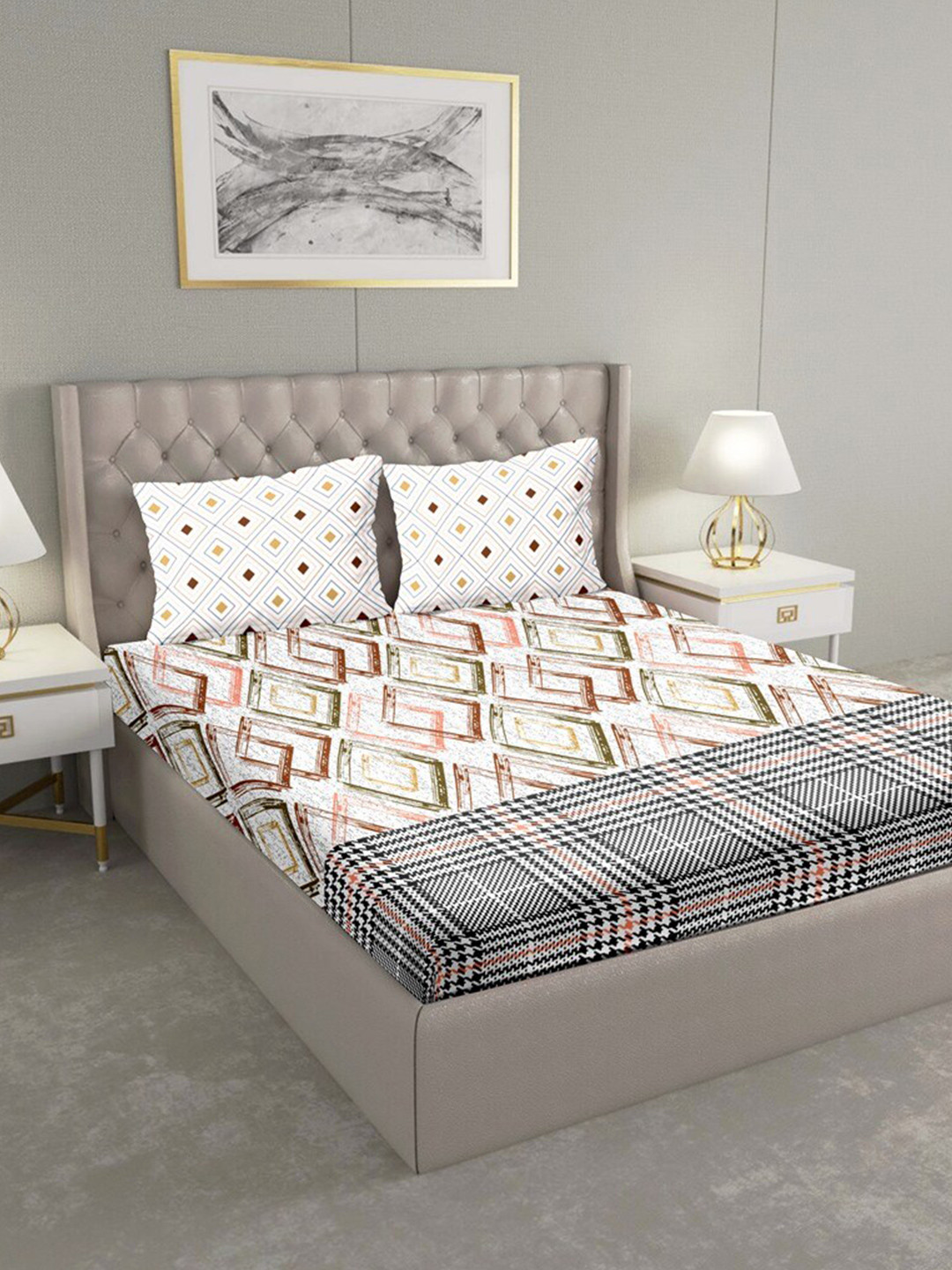 

BELLA CASA Beige & Brown Geometric 180 TC King Bedsheet with 2 Pillow Covers