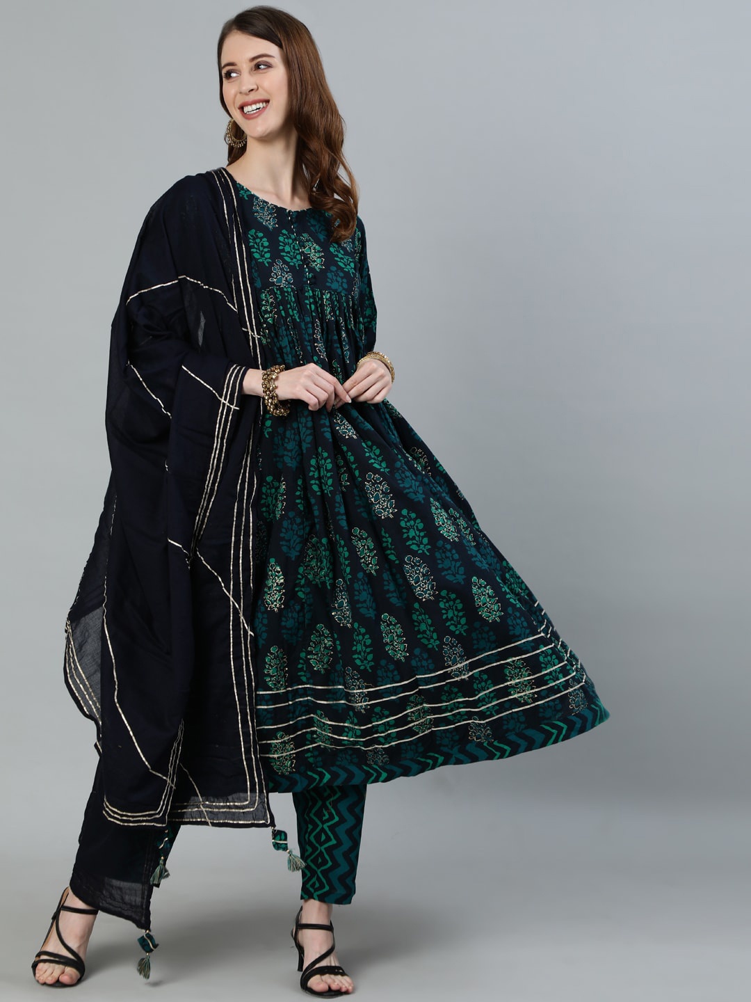 Ishin Women Navy Blue Ethnic Motifs Printed Pure Cotton Kurta with Trousers & With Dupatta