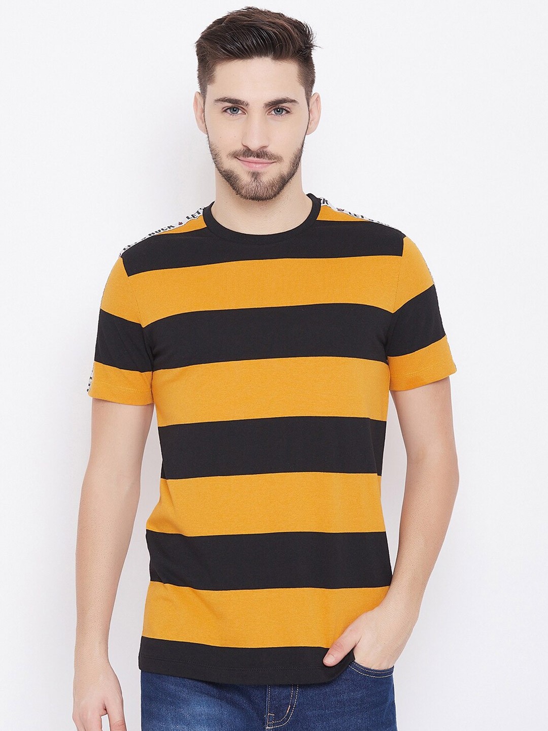 

Austin wood Men Yellow & Black Striped Cotton T-shirt