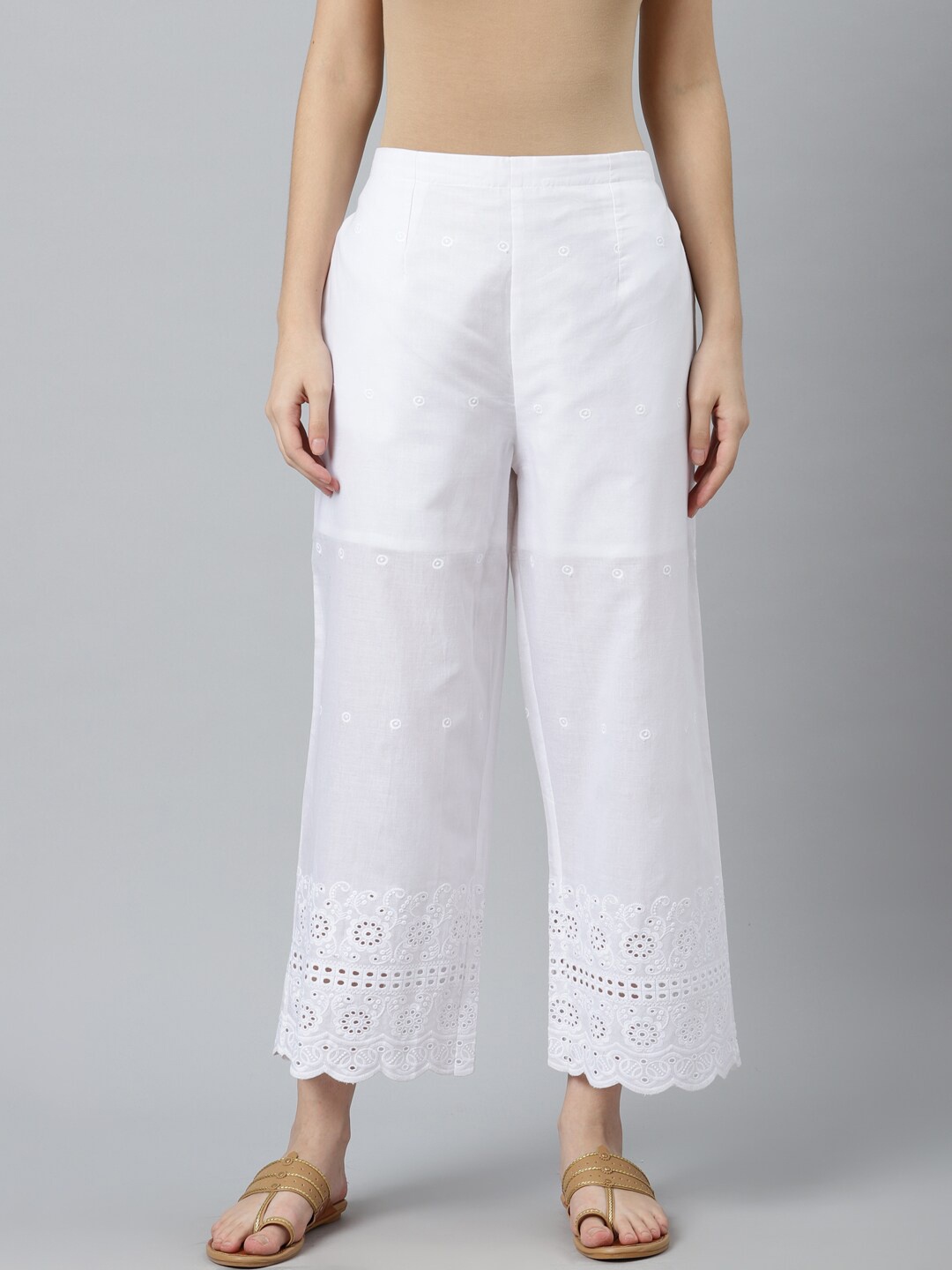 

Libas Women White Floral Embroidered Ethnic Palazzos