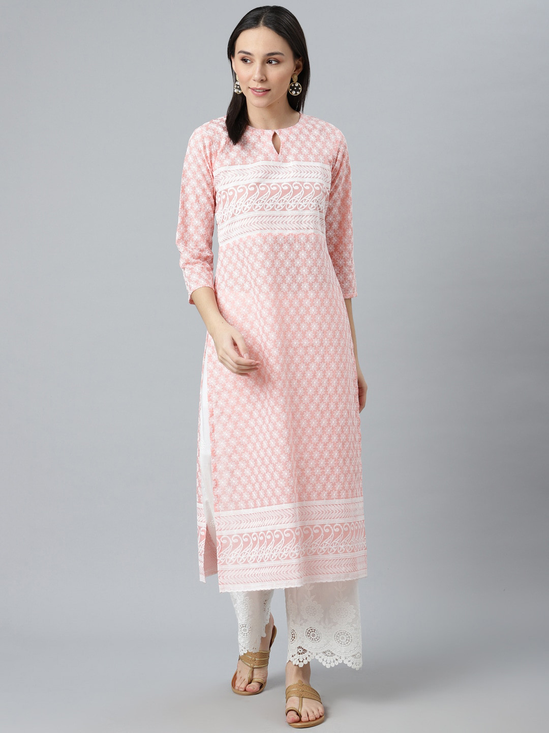 

Libas Women Pink & White Floral Embroidered Keyhole Neck Thread Work Cotton Floral Kurta