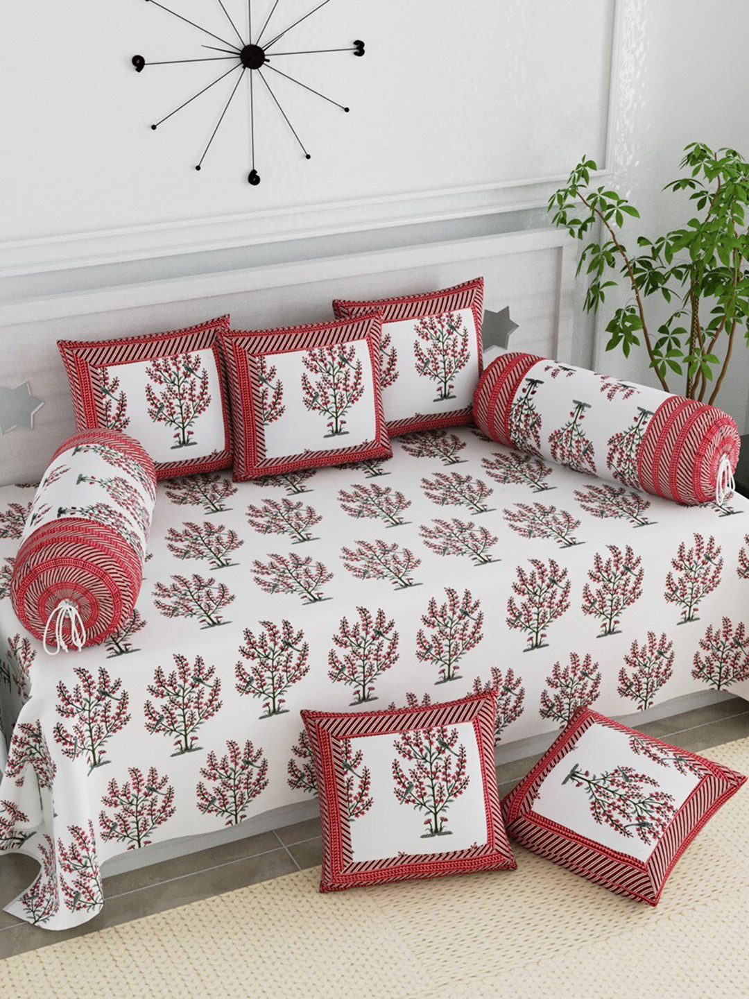 

LIVING ROOTS Set Of 8 White & Red Floral Printed Pure Cotton Bedsheet With Bolster & Cushion Covers