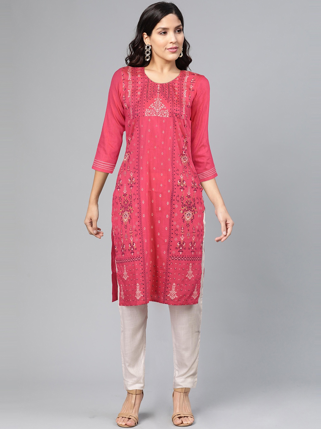 

FLAVIDO Women Pink & Black Ethnic Motifs Printed Kurta