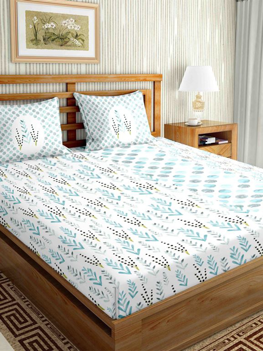 

BELLA CASA White & Blue Floral 160 TC King Bedsheet with 2 Pillow Covers