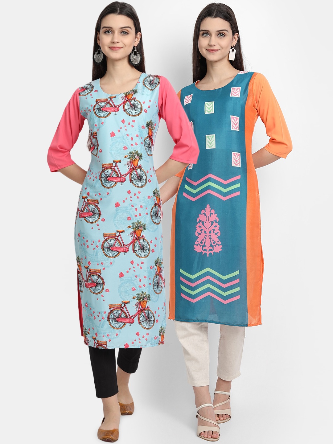 

Ethnic basket Women Pack Of 2 Blue & Orange Quirky Printed Crepe Kurta