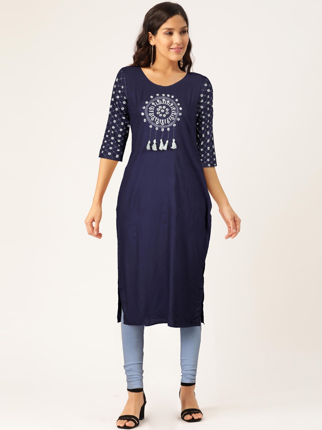 

FLAVIDO Women Navy Blue Ethnic Motifs Embroidered Mirror Work Kurta