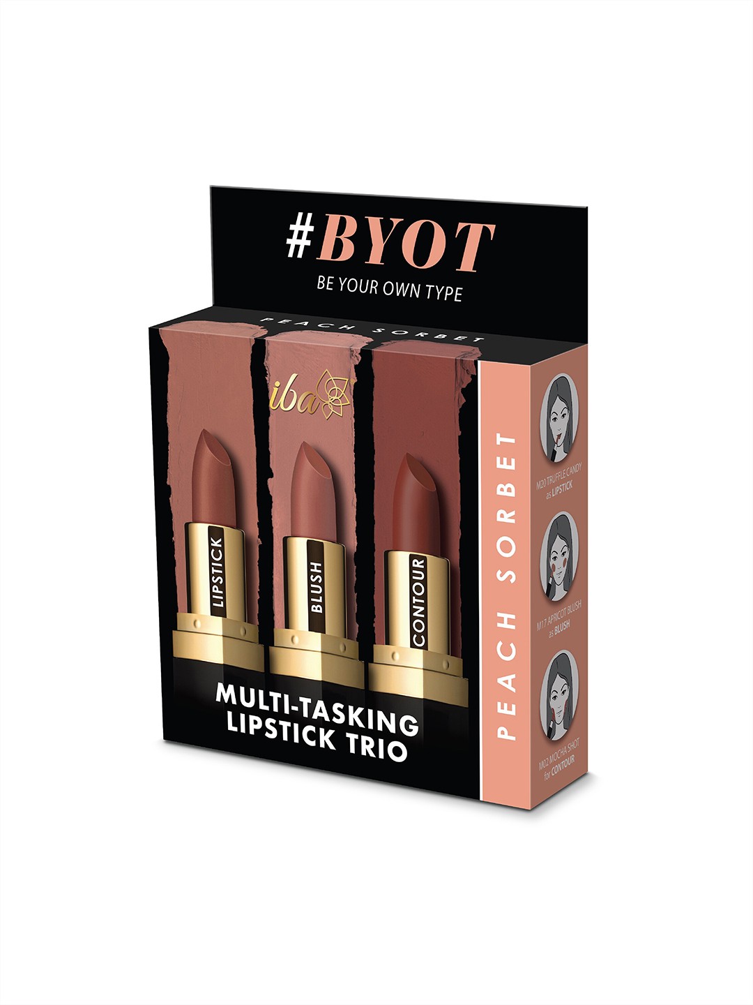 

Iba Pack of 3 Multi-Tasking Lipstick Trio Peach Sorbet (Lipstick, Blush, Contour) 12 gm