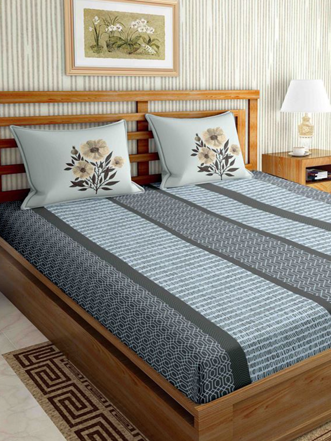 

BELLA CASA Grey & Blue Striped 160 TC King Bedsheet with 2 Pillow Covers