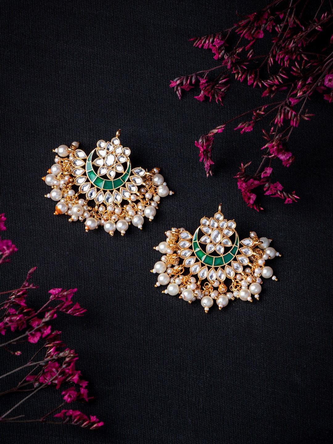 

MORKANTH JEWELLERY Green & Gold-Toned Contemporary Chandbalis Earrings