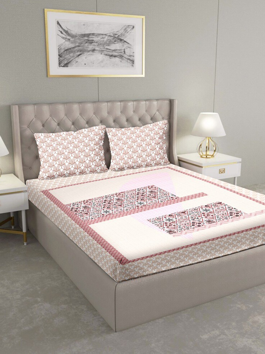 

BELLA CASA Pink & Brown Geometric 180 TC King Bedsheet with 2 Pillow Covers