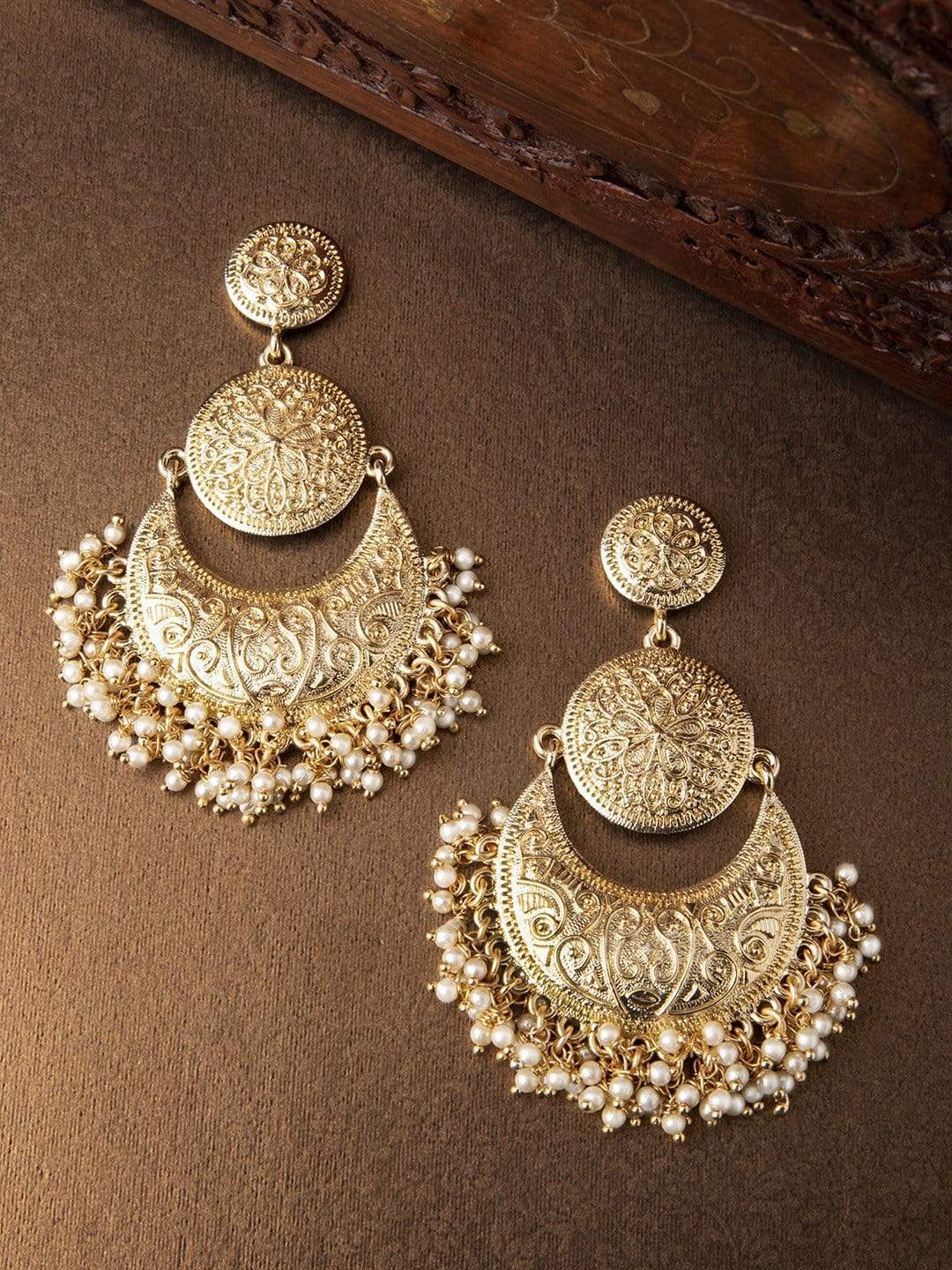 

Rubans Gold-Plated Hand Crafted Pearl Embellished Contemporary Chandbali Earrings