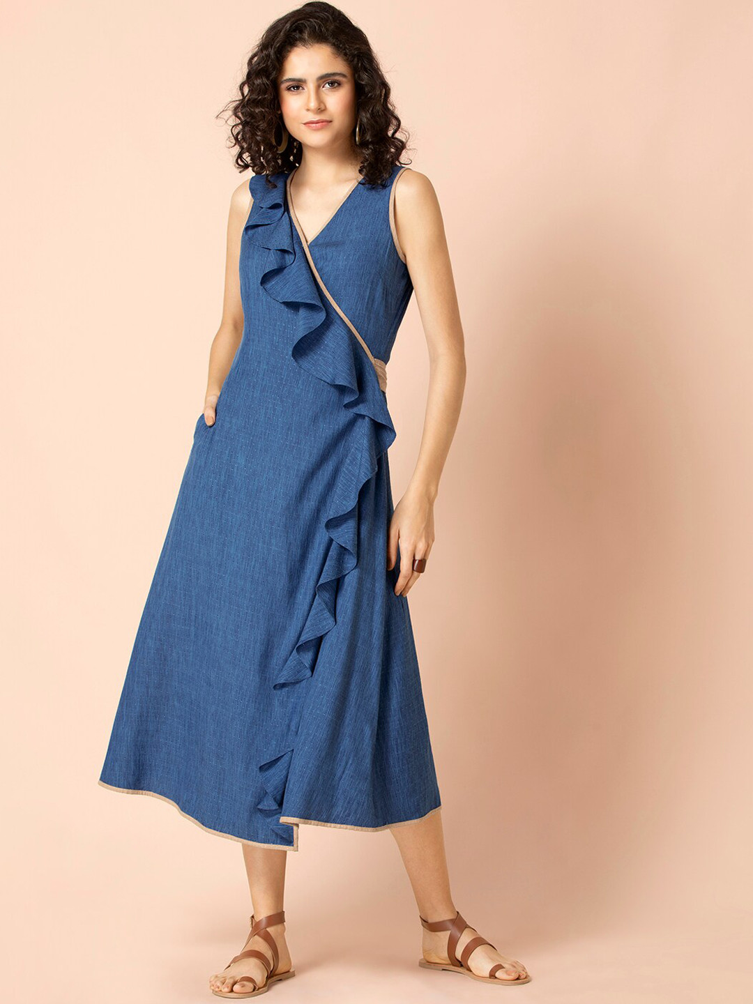 

Earthen BY INDYA Blue Frilled Tie Wrap Dress