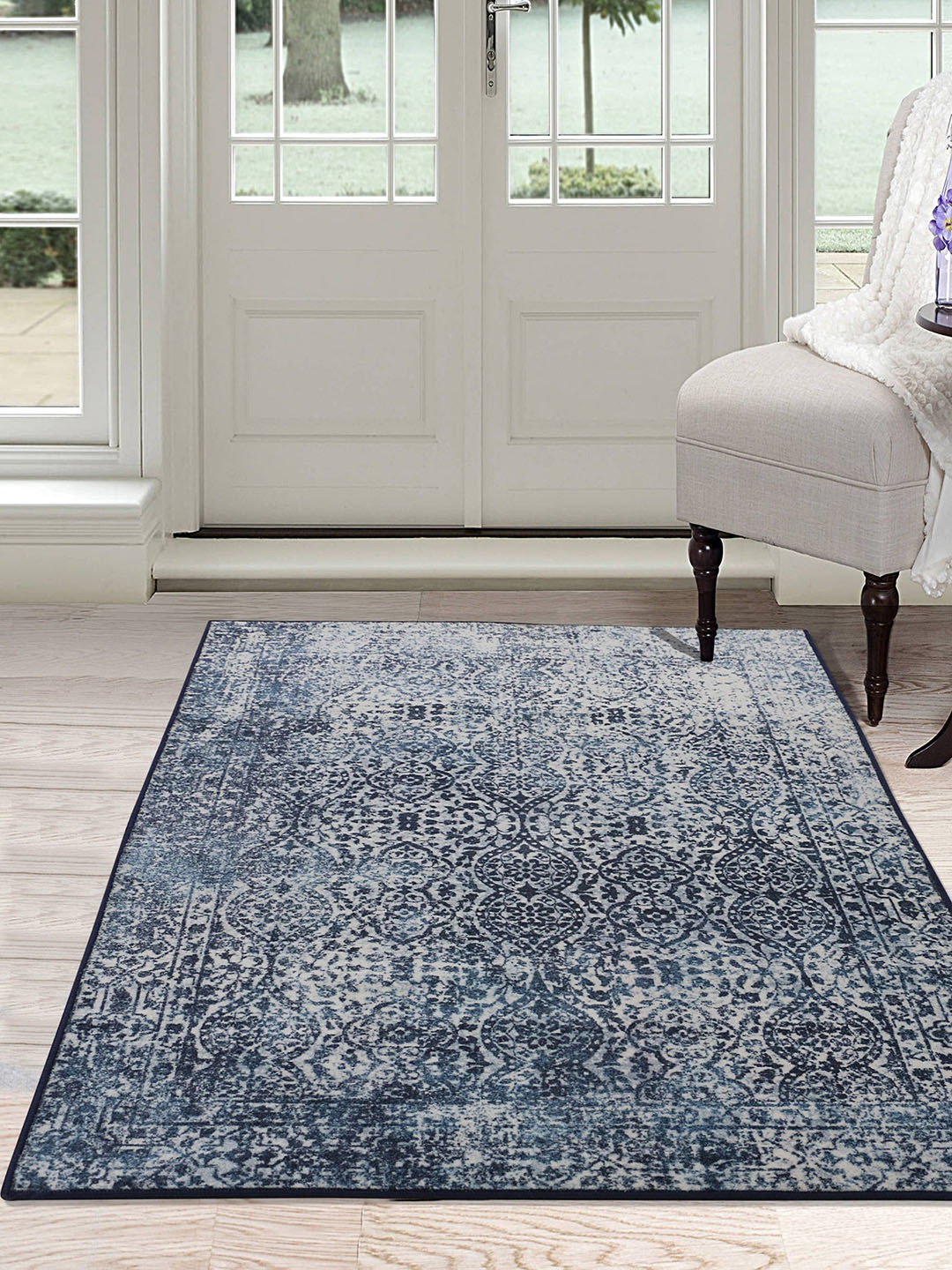 

RUGSMITH Navy Blue & Beige Distressed Pattern Anti-Skid Carpet