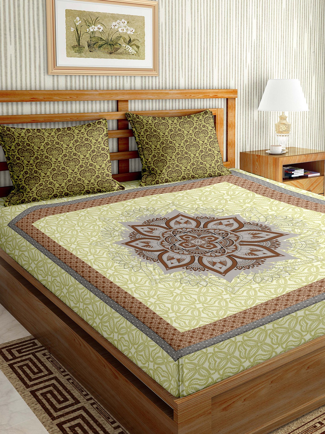 

BELLA CASA Green & Grey Ethnic Motifs 144 TC King Bedsheet with 2 Pillow Covers