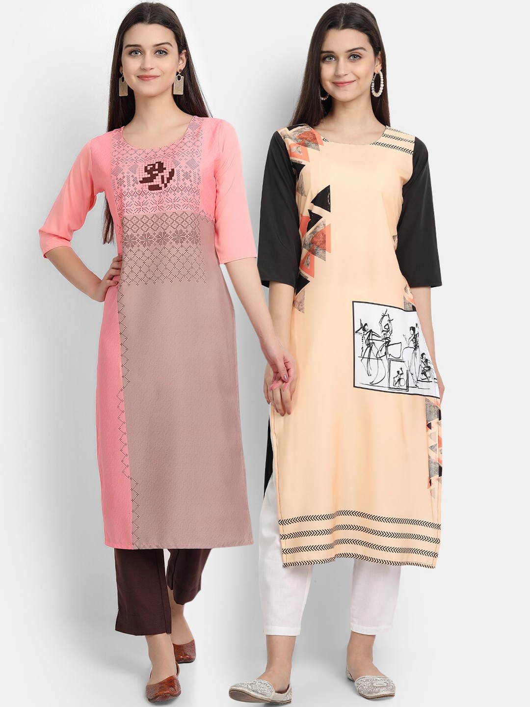 

Ethnic basket Women Pack Of 2 Pink & Peach-Coloured Printed Crepe Kurta